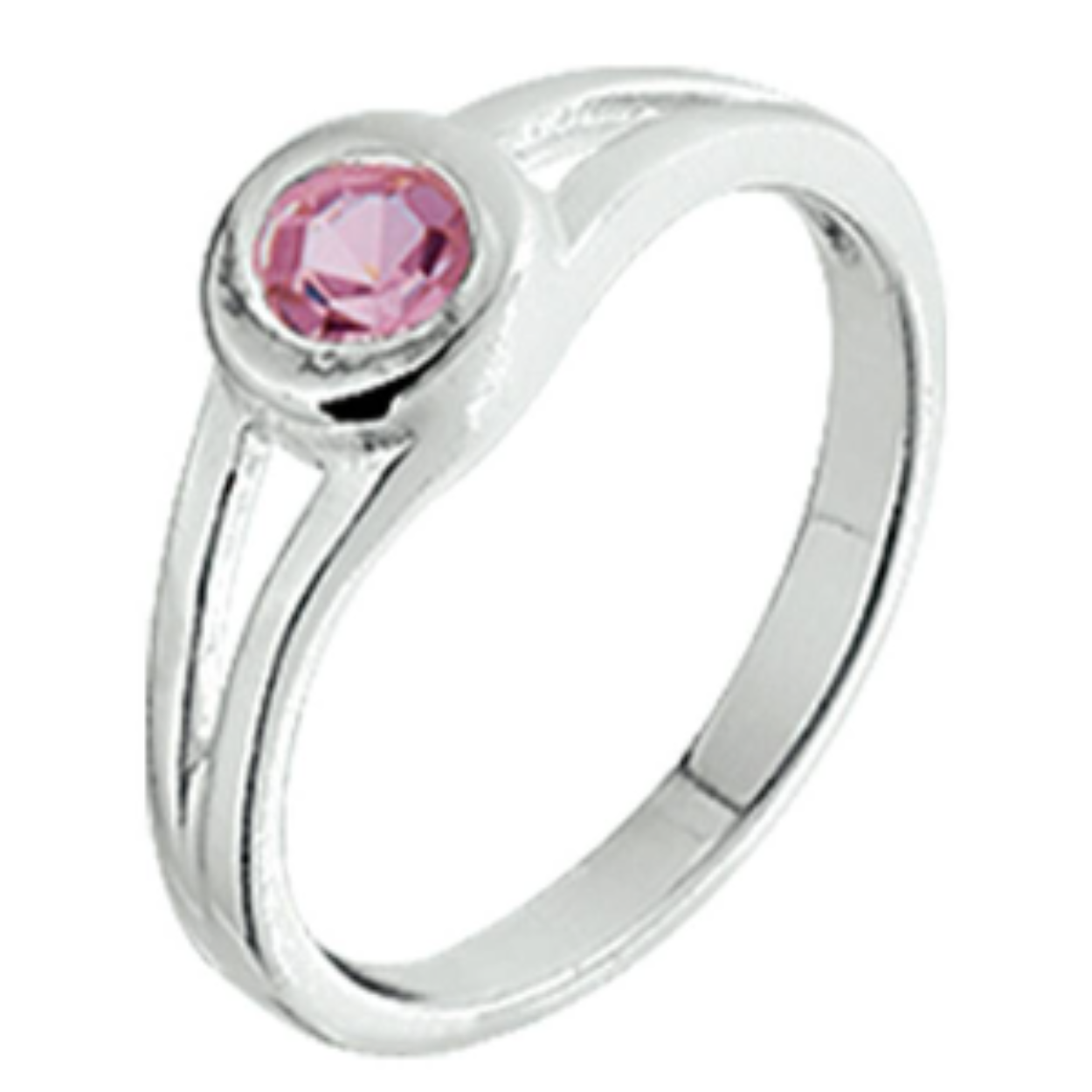 925 zilveren ring uitgevoerd met een schitterende roze strass steen. De ring heeft een breedte van 5mm.