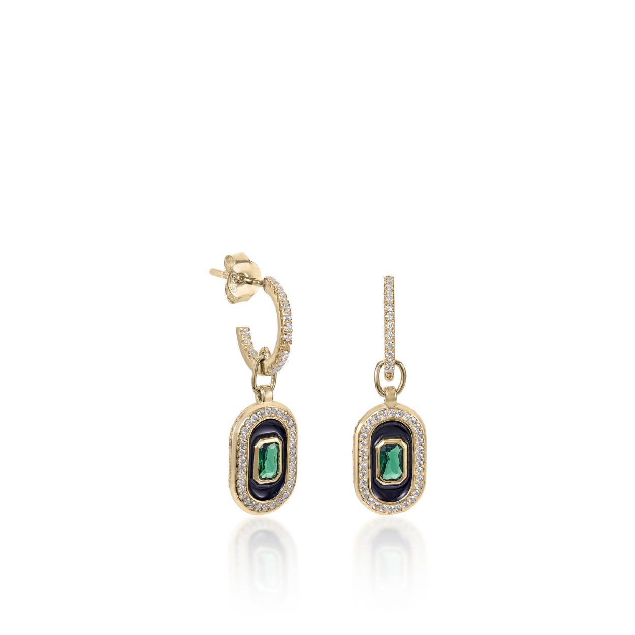 Earrings with oval design pendants with zircons, enamel and a central gemstone motif in green. 