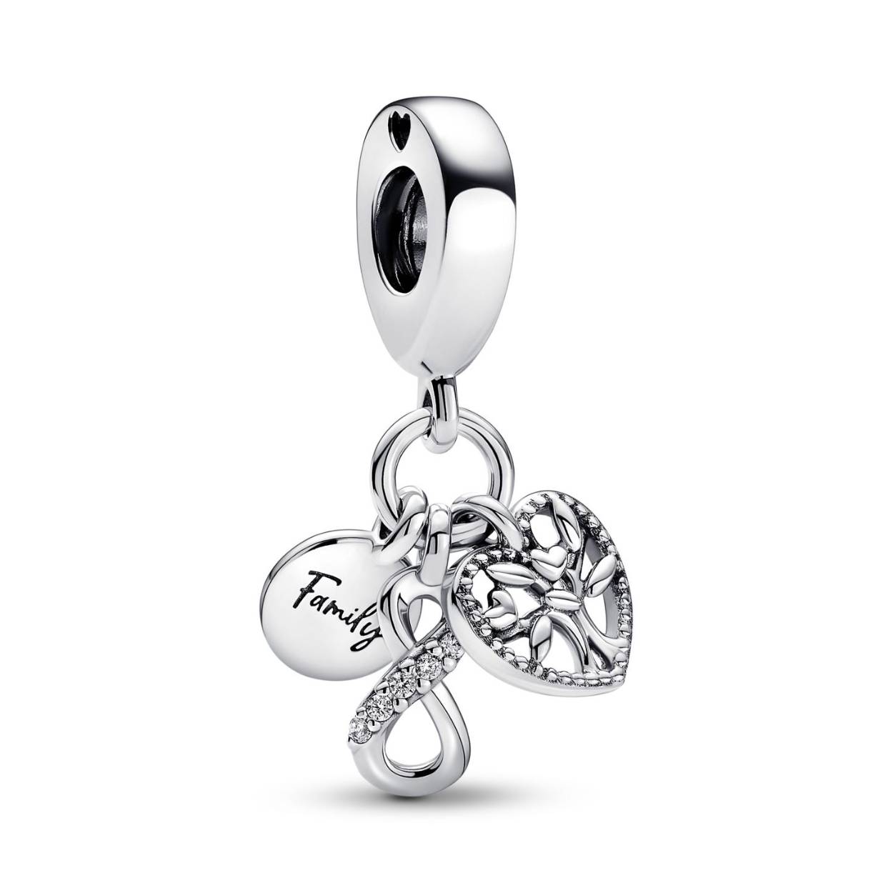 Leuke hangende Pandora charm met een boompje, een rondje met "Family" erin gegraveerd, en een infinity teken. Leuk om cadeau te geven aan een dierbaar familielid.  
