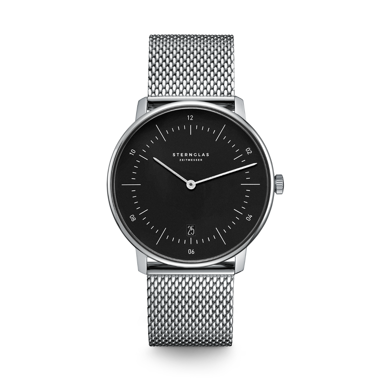 STERNGLAS Naos S01-NA03-MI04

- Behuizing gemaakt van staal, in de kleur zilver
- Horlogeband gemaakt van staal, in de kleur zilver, met druksluiting
- Quartz uurwerk, werkt op batterijen
- Datum weergave
- Voorzien van saffierglas, zeer hard en vrijwel krasvrij
- 5 ATM waterdicht, geschikt om mee te douchen.
- Breedte van de behuizing is 38 mm
- Dikte van de behuizing is 6 mm