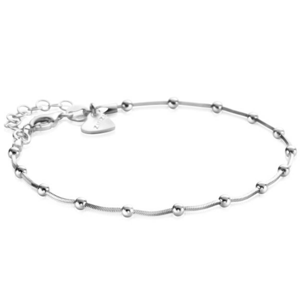 ZINZI zilveren slangen-armband met vierkant geslepen schakels en 15 verfijnde glanzende bolletjes (2,5mm breed). De lengte van de armband is te variëren tussen 17 en 20cm. De armband is vervaardigd van eerste gehalte zilver (925) en extra gerodineerd.