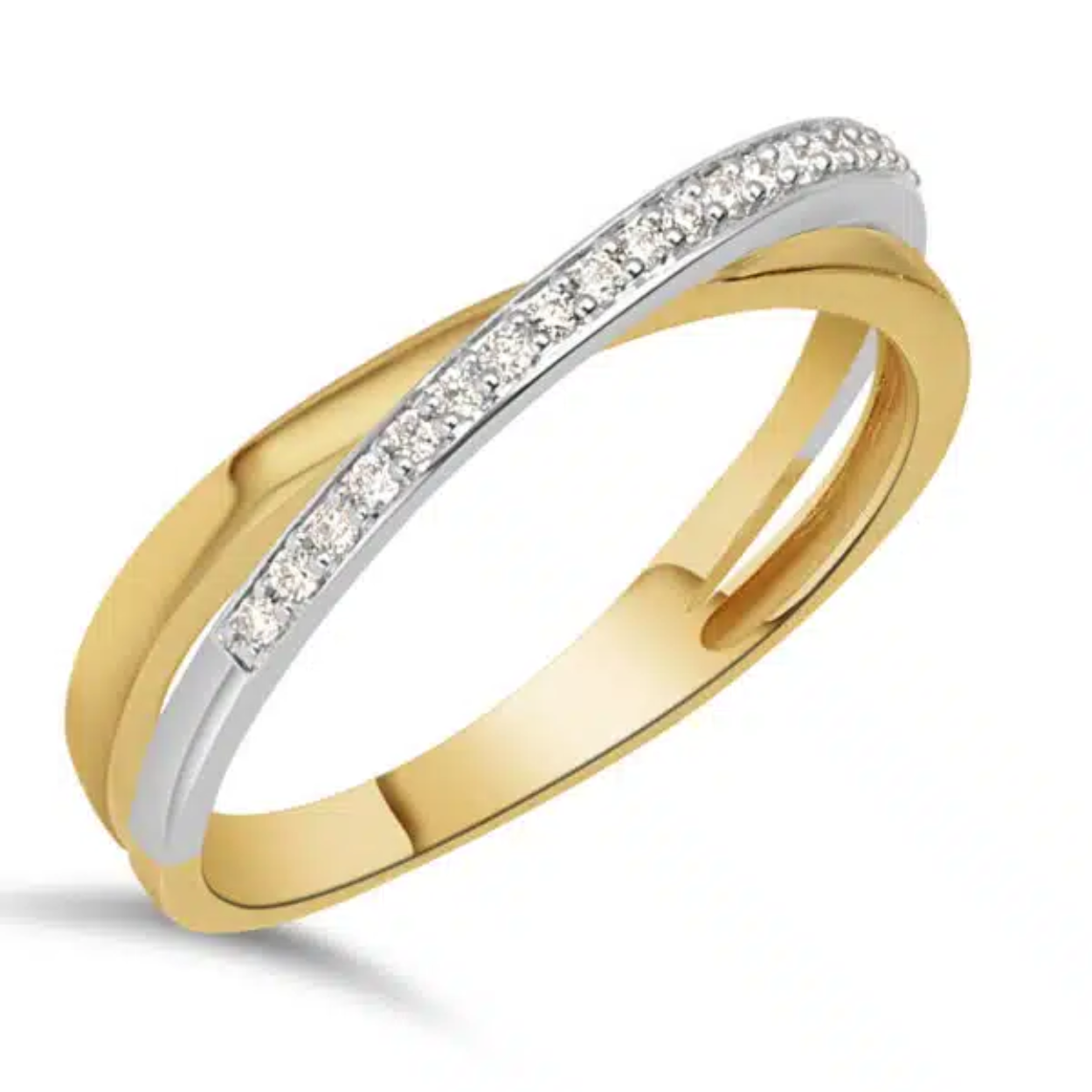 De gouden diamanten ring crossover, is een verfijnd sieraad dat 14-karaats goud en 21 briljantgeslepen diamanten (0,10 karaat, SI1, kleur G) combineert. Perfect voor dagelijks gebruik of speciale gelegenheden, past deze ring prachtig bij goud- en witkleurige sieraden. Draag de ring op maat 56 voor een elegante en moderne uitstraling.