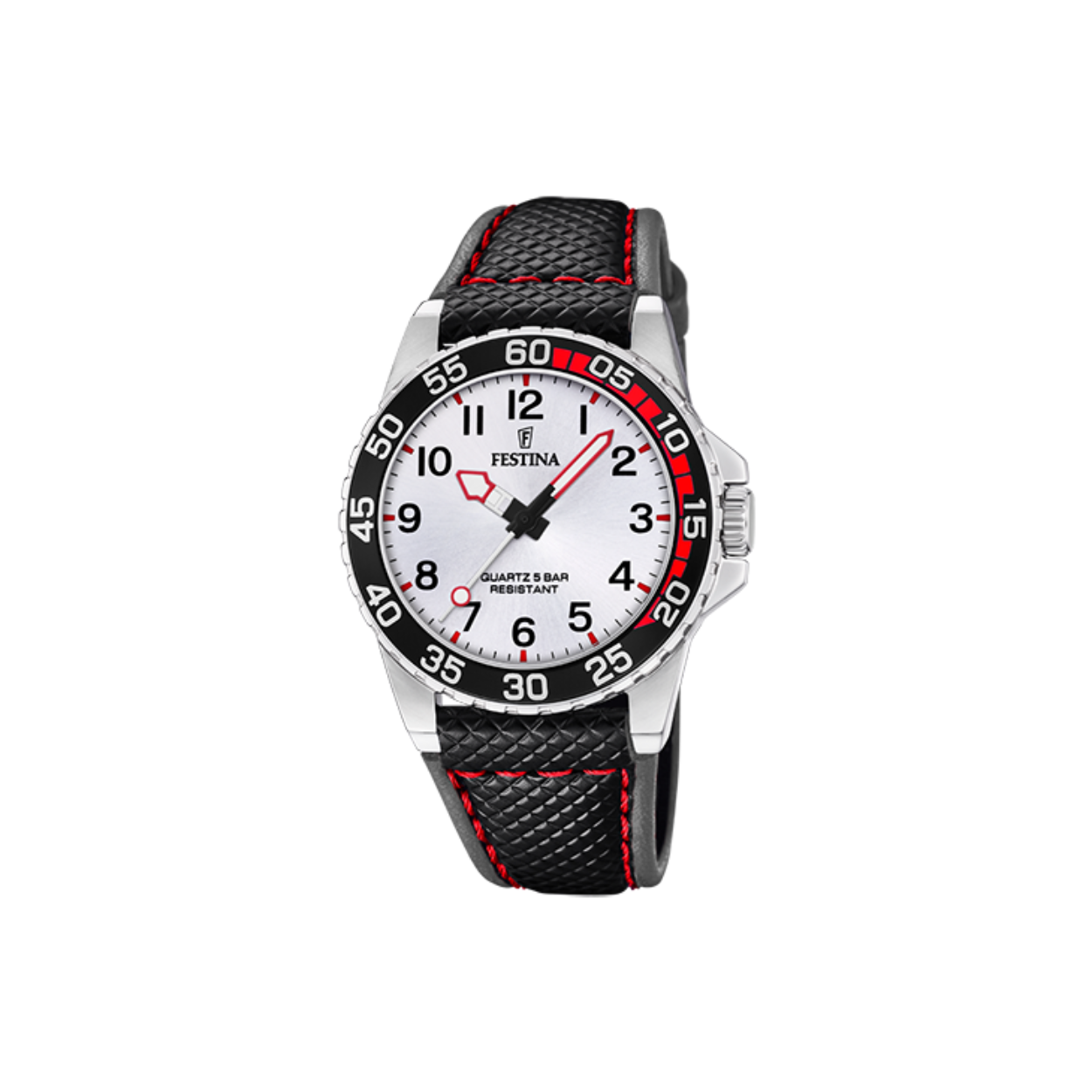 Uurwerk festina met zwarte lederen band met rood stiksel 