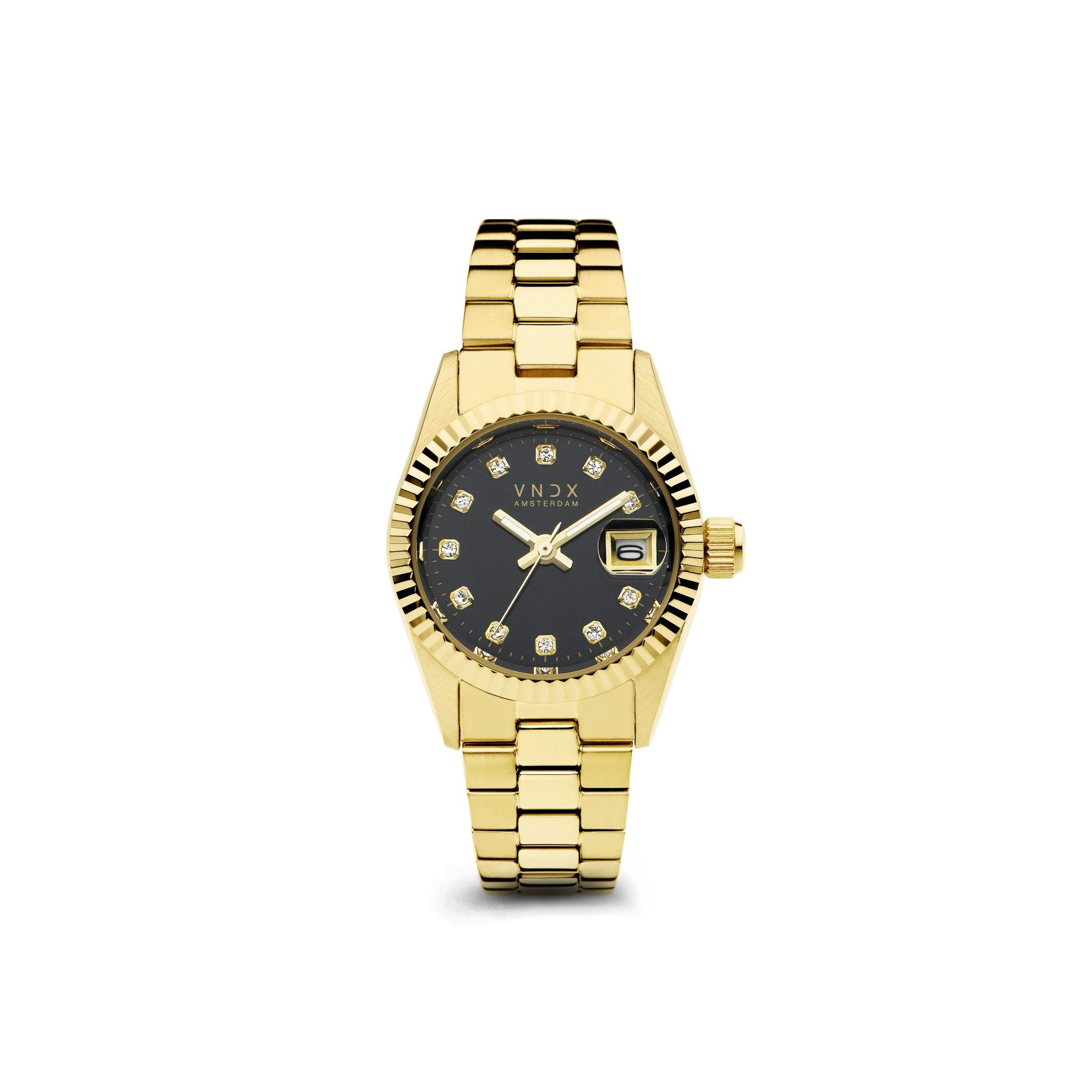 De Dare Devil XS Goud Grijs, het meest verfijnde horloge van VNDX Amsterdam. Haar een subtiele kast van 26 mm haar perfect accessoire om te combineren met je favoriete sieraden. Haar elegante gouden schakelband zorgt ervoor dat je Dare Devil eenvoudig op maat te maken is. 

De glanzende dialyse sprankelt net als jij, de index van Swarovski laat je zien hoe GROOT, klein kan zijn! Naast de sprankelende Swarovski steentjes is de Dare Devil voorzien van een datumaanduiding, zo ben je nooit te laat voor een afspraak van deadline.

Ben jij graag actief in de nachtelijke uurtjes? Zelfs dan is de Dare Devil het perfecte horloge. Ze is voorzien van lichtgevende wijzers, dit zorgt voor een “Glow in the dark” effect. Zo zorgt je Dare Devil ervoor dat jij Nooit te laat gebogen!

Wees jezelf, Creëer je eigen stijl en kies je eigen pad!  Wees gewoon een Dare Devil, het is nooit te laat!