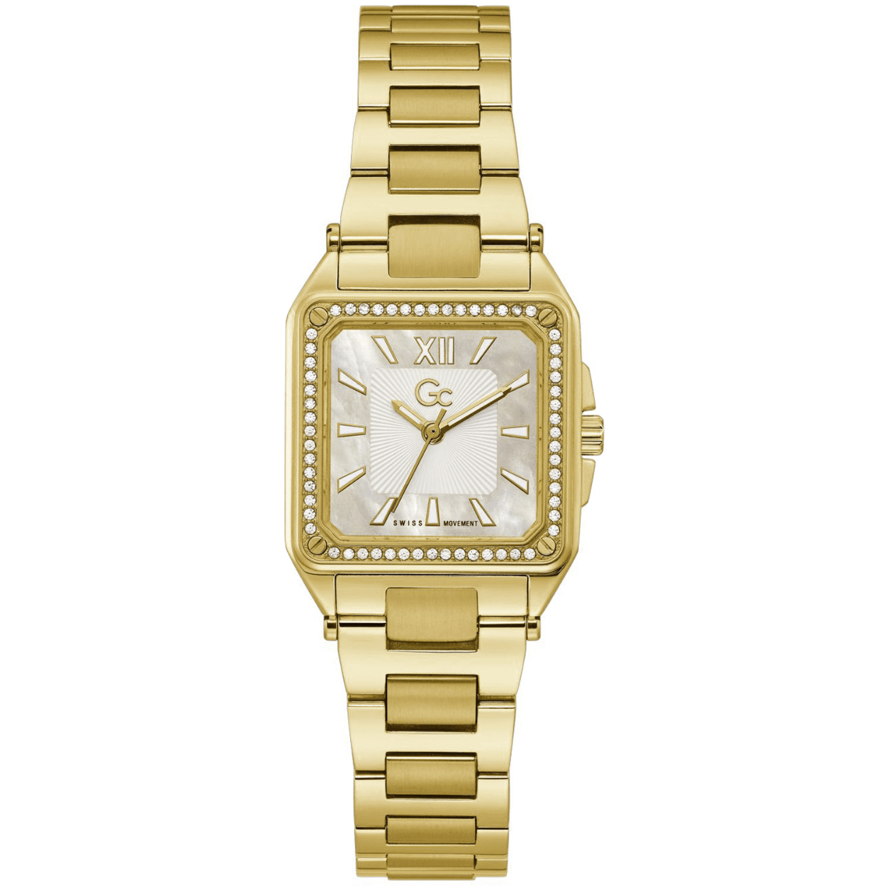 Dames Horloge met witte wijzerplaat en goudkleurige roestvrij stalen schakel band.