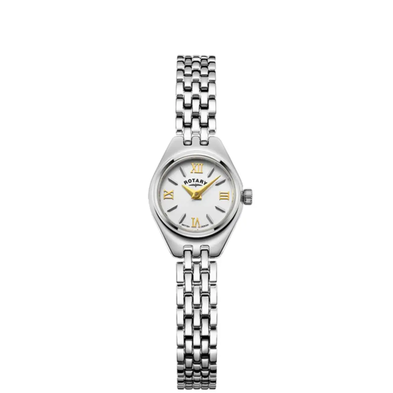 This Rotary Traditional is a delicate ladies cocktail watch. It has a case size of just 20mm and a stunning white dial with elegant Gold applied roman numerals and hands, encased within scratch resistant sapphire glass. 