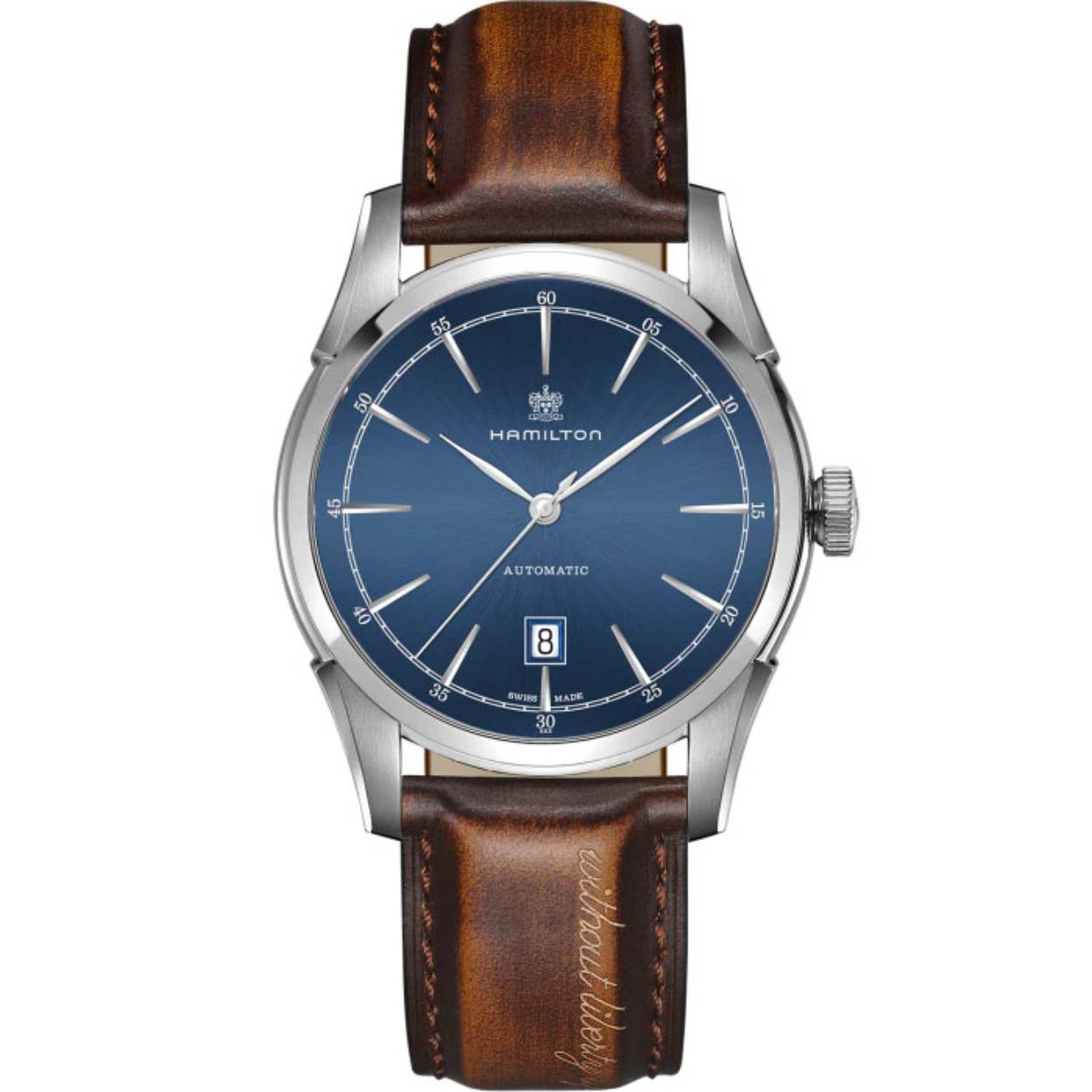 De Spirit of Liberty is een bijzonder springlevend model in deze inspirerende reeks automatische horloges die voortbouwt op de klassieke Amerikaanse stijl van Hamilton die zijn oorsprong terugvindt in Pennsylvania in 1892. De lederen band met opschrift "Without liberty, life is a misery" verwijst naar de lange en rijke merkgeschiedenis van Hamilton. 
Dankzij de flinke dosis 21e-eeuwse horlogetechnologie die vervat zit in het geweldige H-10 automatische uurwerk met tot 80 uur gangreserve, heeft u de vrijheid om een tijdloos weekend te beleven zonder op maandagmorgen ook maar een slag te missen.