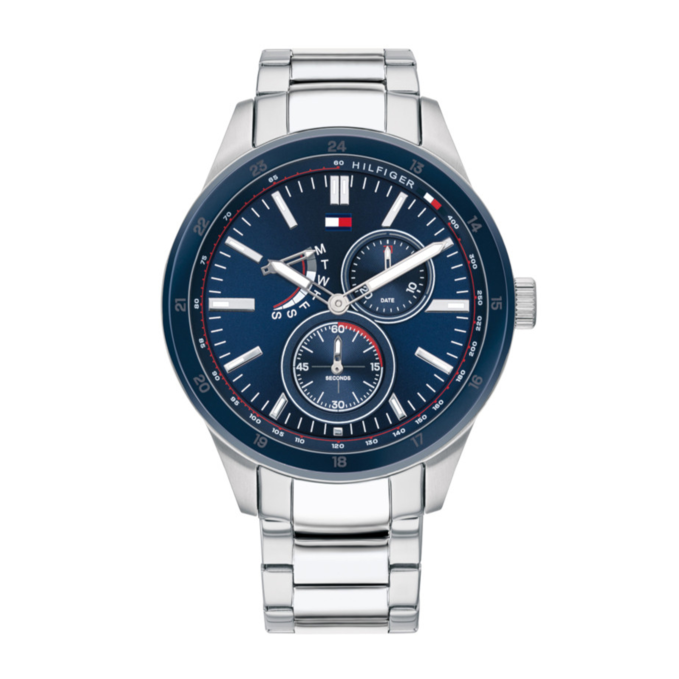 Het Tommy Hilfiger Austin horloge is een sportief en trendy heren horloge. Het horloge heeft een edelstalen horlogekast van ca. 44 mm en een edelstalen schakelband band. Het horloge heeft een blauwe wijzerplaat met zilverkleurige en witte accenten, een dag-, datum- en 24uurs aanduiding. Het Tommy Hilfiger horloge heeft mineraal glas, is waterdicht tot 5 atm en wordt geleverd met een originele Tommy Hilfiger watch box.

Specificaties Tommy Hilfiger Austin TH1791640 heren horloge

- Quartz uurwerk
- Stalen kast, ca. 44 mm
- Kleur kast: zilver

- Gehard mineraal glas
- Kleur wijzerplaat: donkerblauw met zilverkleurige en witte accenten
- Dag, datum en 24 uurs aanduiding
- Kleur wijzers: zwart / wit

- Edelstalen band
- Kleur band: zilver
- Vouwsluiting met drukknoppen
- Waterbestendig: 5 ATM = douchen

- 2 jaar officiële garantie