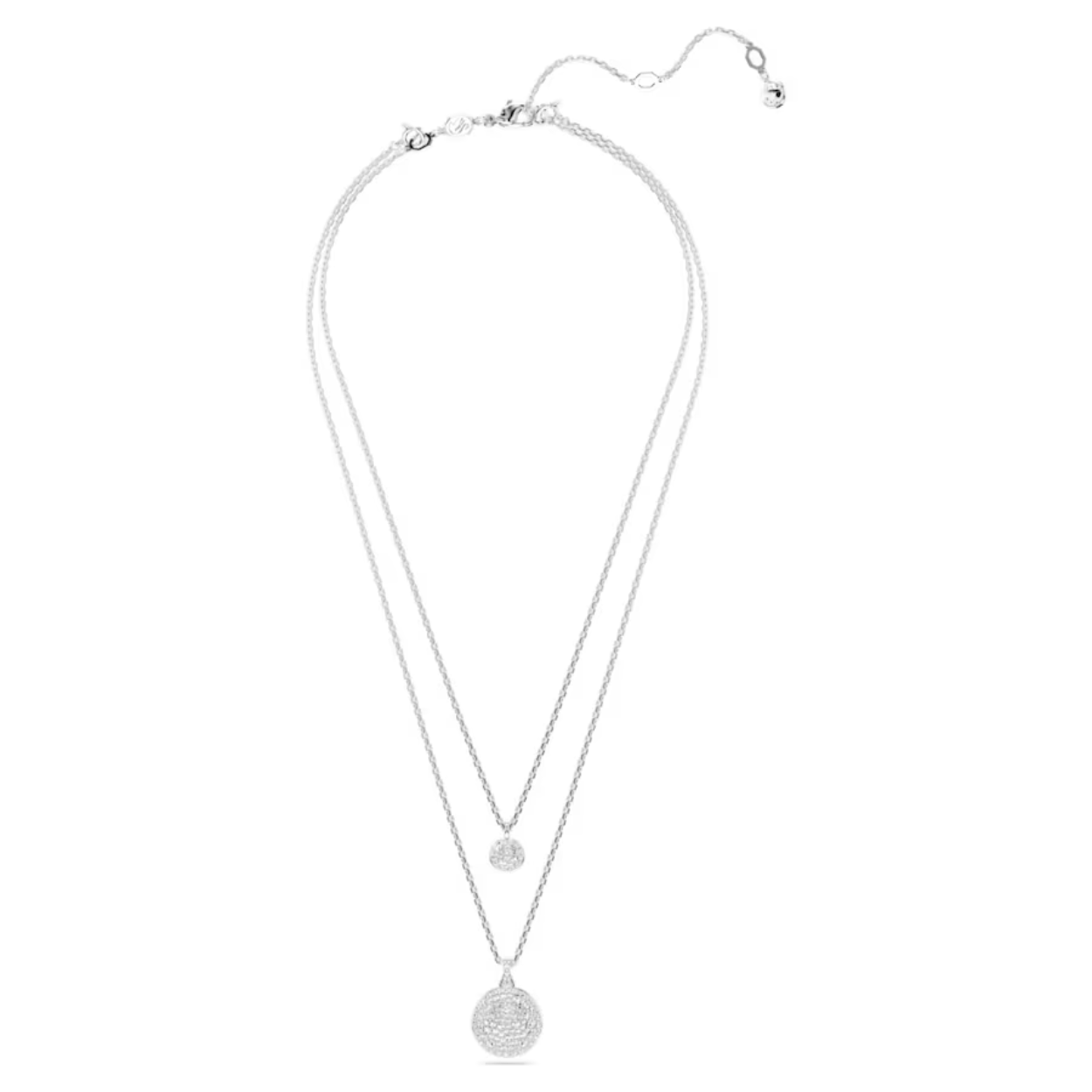 Deze schitterende gelaagde hanger is de ideale manier om uw stijl te laten oplichten. Het ontwerp met rhodium toplaag bestaat uit twee kettingen, elk met een bolvormig meteoormotief met een sneeuwpavé van heldere rondgeslepen kristallen in verschillende formaten. De hanger kan omgekeerd worden gedragen. Dan is de rand bezet met kristallen en prijkt er in het kleinere dessin een enkel kristal. Een prachtig cadeau voor uzelf of voor een geliefde.