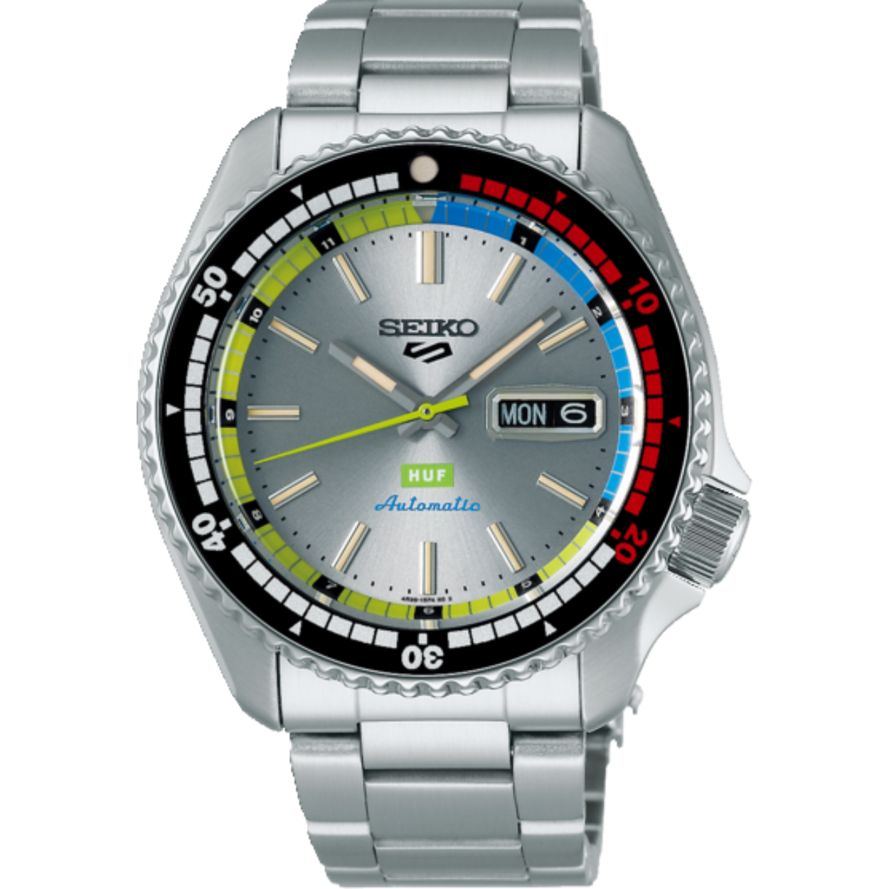 Dit Seiko horloge behoort tot de 5 Sports collectie. Deze limited edition gelimiteerd tot 7000 stuks wereldwijd. Referentienummer: SRPL33K1 

Dit Seiko 5 horloge heeft een stalen kast en band en hardlex glas. Het automatische 4R36 uurwerk heeft een 41uur gangreserve. het horloge is waterdicht tot 100 meter.

Het horloge is gebaseerd op een historisch ontwerp van Seiko 5 Sports dat eind jaren 1960 populair werd. Het is uitgevoerd in een karakteristiek kleurenschema van HUF. De kroon is versierd met een speciaal 'HUF' logo. De achterkant van de kast is uitgevoerd in levendig 'HUF-groen'. Deze unieke kleur is exclusief gereserveerd voor deze HUF Limited Edition. De omschrijving 'LIMITED EDITION' en het serienummer staan vermeld op de achterkant van het horloge.