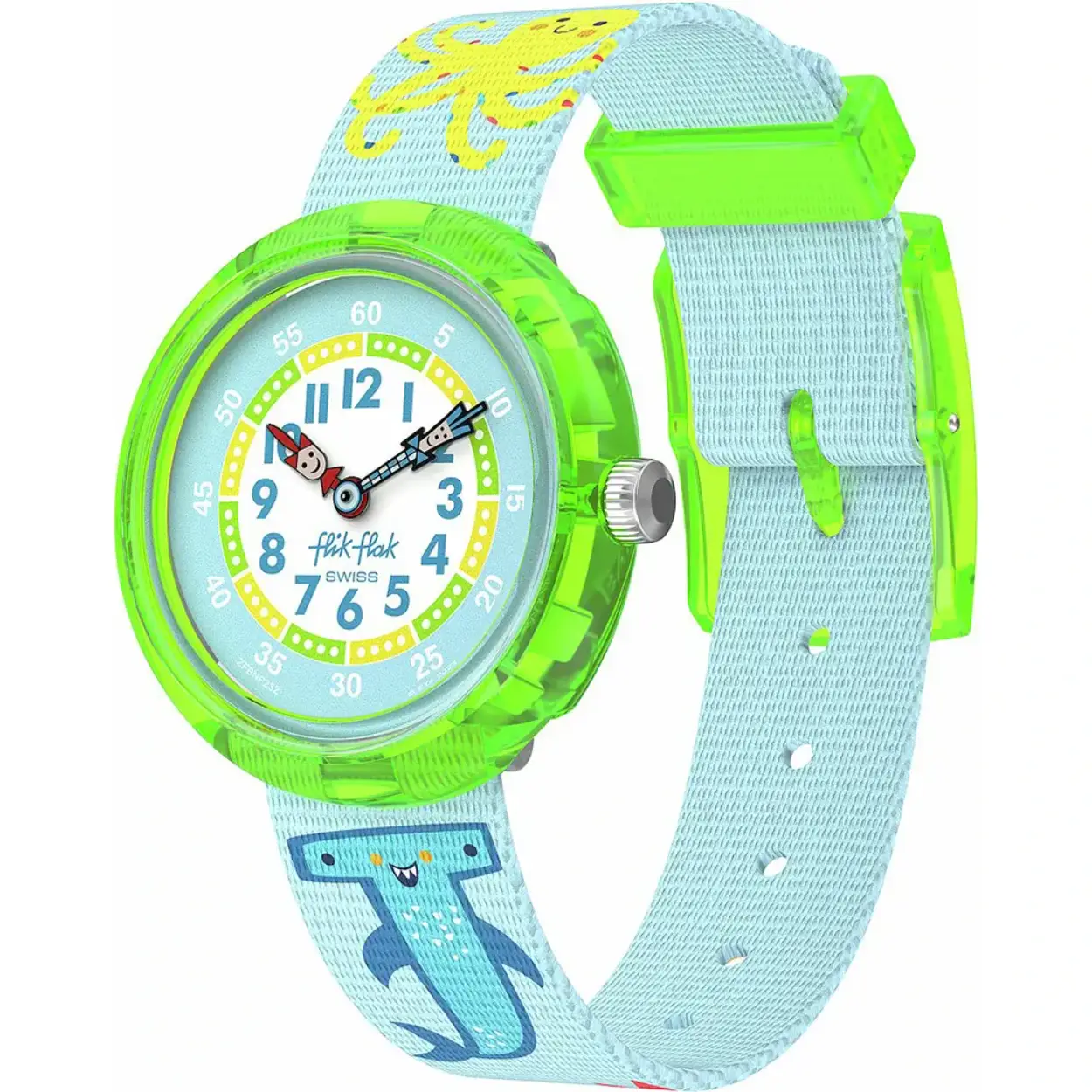 Deze horlogeset bestaat uit een kleurrijk kinderhorloge, een pakje bijpassende Jumbo Grip Pastell kleurpotloden en 4 ansichtkaarten. Alles verpakt in een speciaal etui. Het perfecte cadeau voor kinderen!

Dit Flik Flak horloge heeft een kast gemaakt van Bio-plastic met een diameter van 30 mm en is voorzien van een textiel band. In de kast bevindt zich een ETA kwaliteitsuurwerk en is afgewerkt met Plexiglas.