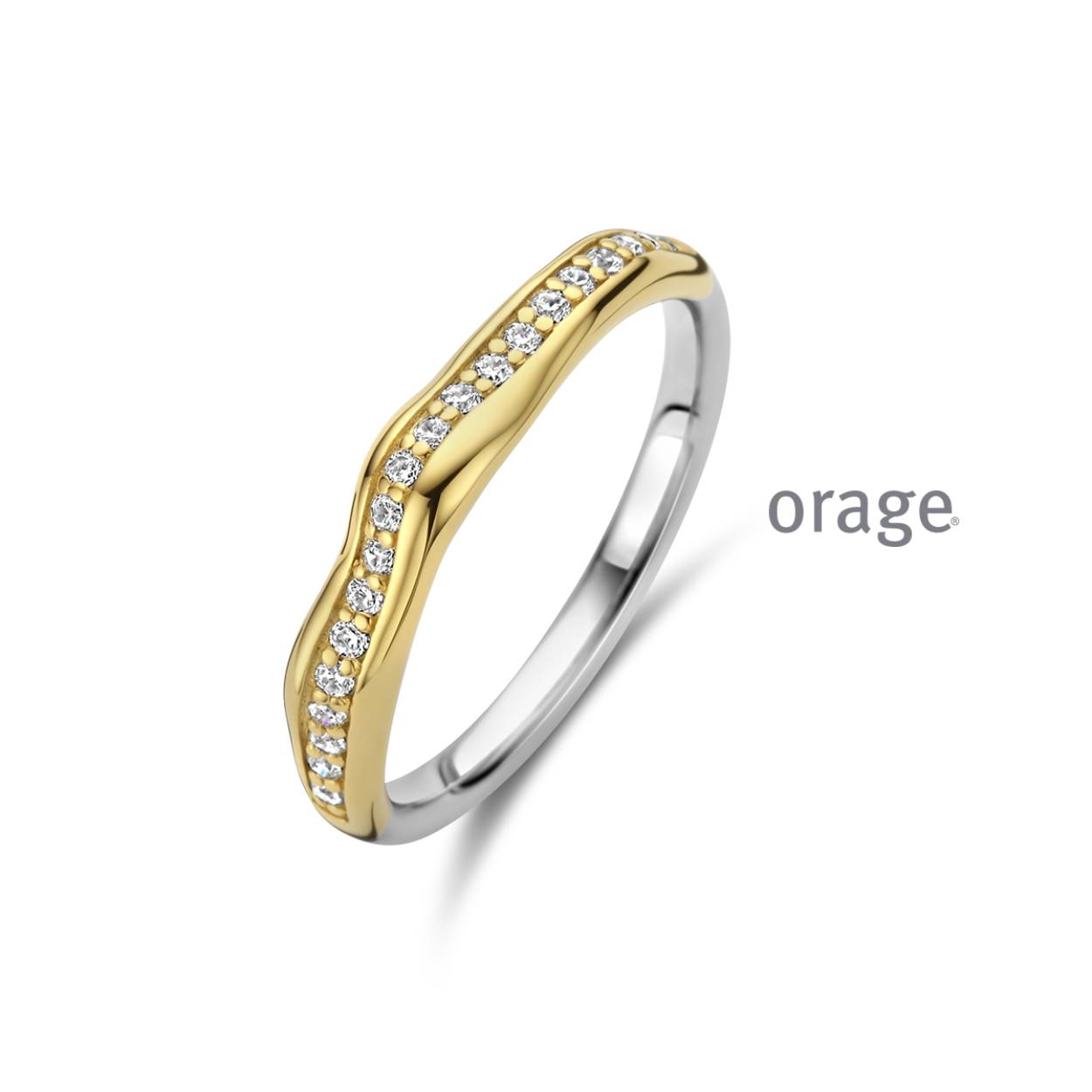 Bicolor (goud/zilverkleurige) ring met zirkonia's van het merk Orage
Materiaal: 925 zilver, deels verguld
Maat: 52 (ook in andere maten verkrijgbaar)
Bijhorende ketting met hanger ook verkrijgbaar