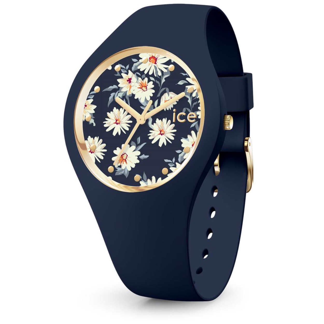 Ice Watch, collectie Ice Flower, model 'Twilight Daisy' - maat M - Donkerblauwe siliconen band - Donkerblauwe wijzerplaat met madeliefjes - Goudkleurige uuraanduiding en gesp - Waterdichtheid: 10 ATM