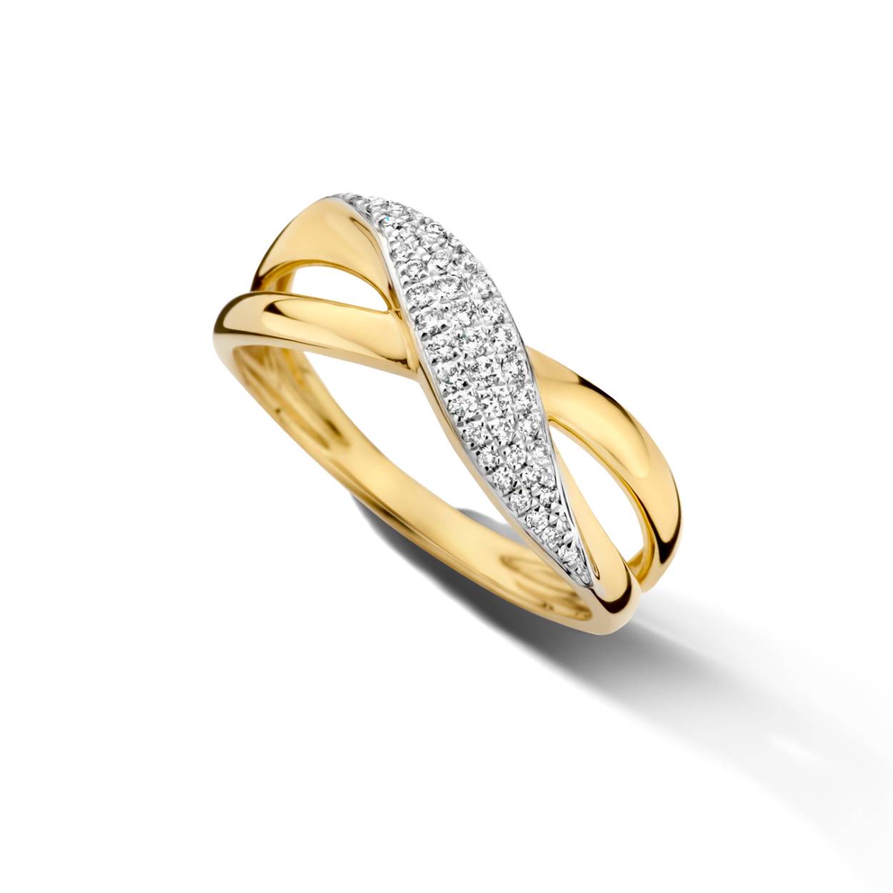 Mooie ring in geel goud afgewerkt met diamant 0.18ct