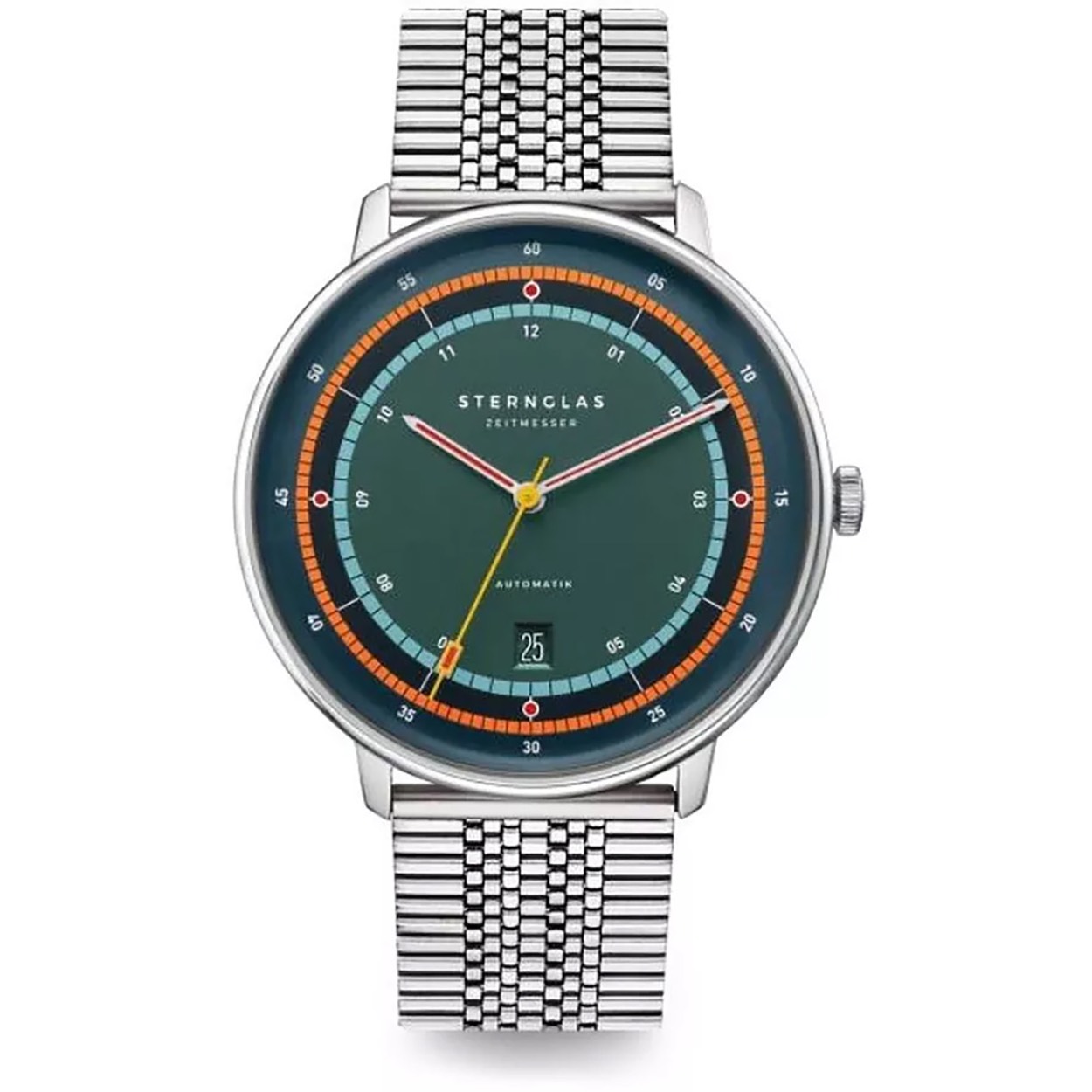 Sternglas automatic Hamburg 91.01.2310.1199 SO2-HHA08-ME08

- Behuizing gemaakt van staal, in de kleur zilver
- Horlogeband gemaakt van staal, in de kleur zilver, met druksluiting
- Automatisch uurwerk
- Datum weergave
- Voorzien van saffierglas, zeer hard en vrijwel krasvrij
- 5 ATM waterdicht, geschikt om mee te douchen.
- Breedte van de behuizing is 42 mm
- Dikte van de behuizing is 12 mm