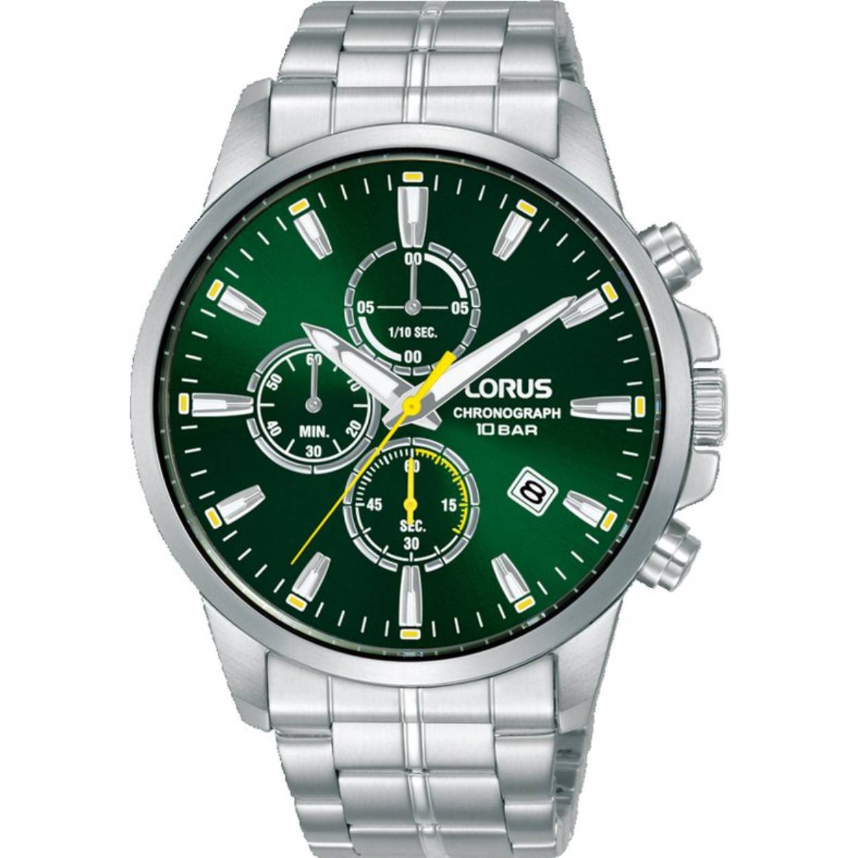 Dit is een herenhorloge van het merk Lorus. Het is een chronograaf horloge gemaakt van staal. De diameter van de kast is 43 mm.
De verdere specificaties van het horloge zijn als volgt:
Kastvorm: rond
Kastkleur: zilverkleurig
Kastmateriaal: staal
Sluiting: vouwsluiting met drukker
Wijzerplaatkleur: groen
Glassoort: hardlex mineraal glas
Waterdichtheid: 10 ATM
Techniek: quartz