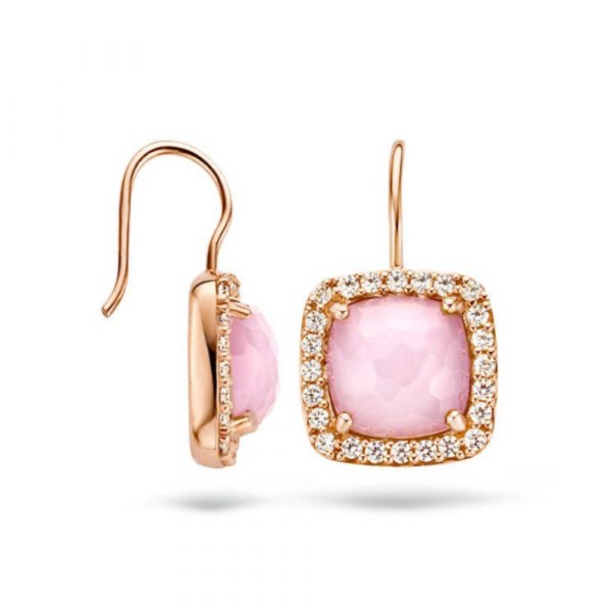 14 karaat rosé gouden oorhangers  met roze steen en zirkonia