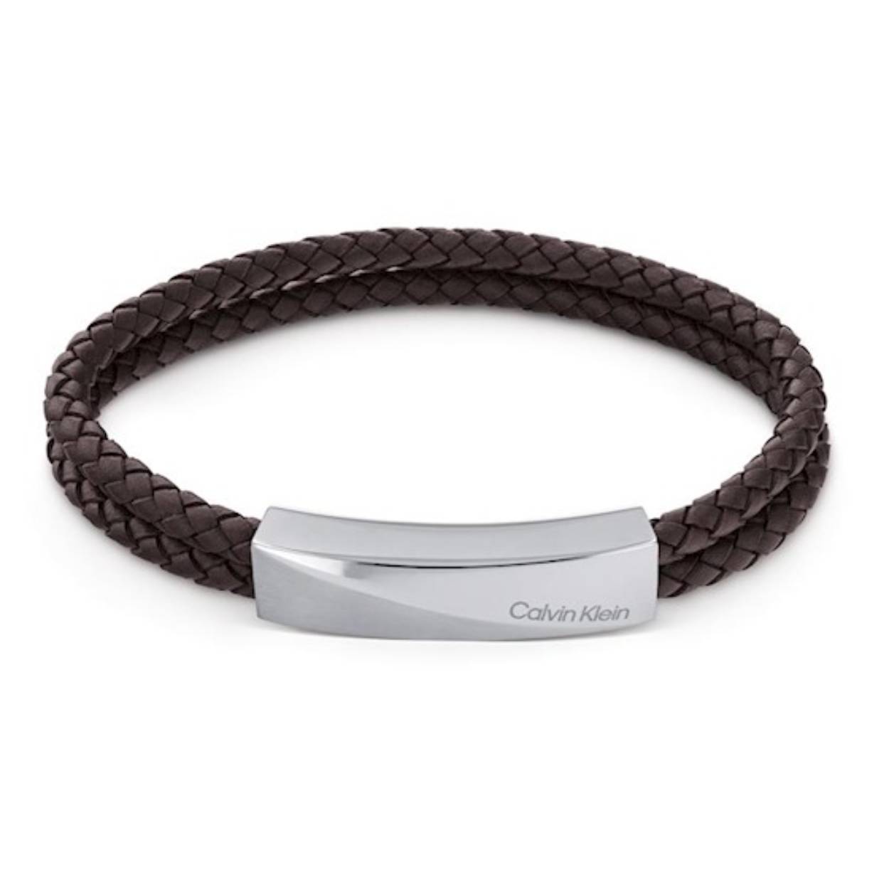 Calvin Klein armband leer/ staal  Braided bracelet CJ35000098. Leer gevlochten armband. Kleur van de armband is bruin.