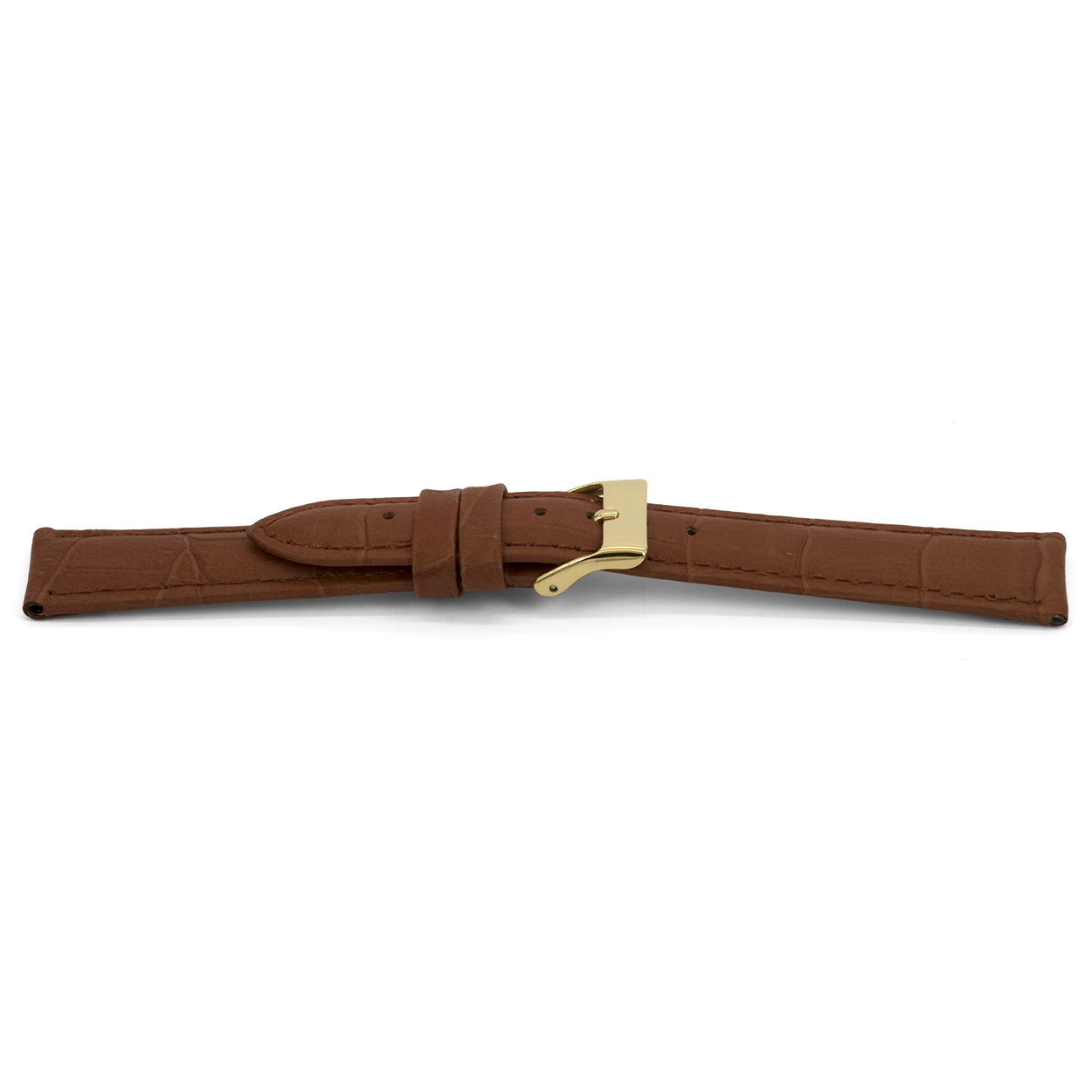 Bruin lederen horlogeband met goudkleurig edelstalen gesp.
Kleur band: Bruin
Band dikte: 4.1mm
Band lengte: 75/115mm
Band breedte: 18x16mm
Gesp: Edelstaal IPG
Bekleding binnenband: Nubuck
Gestikt: Ja, dezelfde kleur als de band. 
Pushpin: Exclusief
Hypo allergisch: Ja