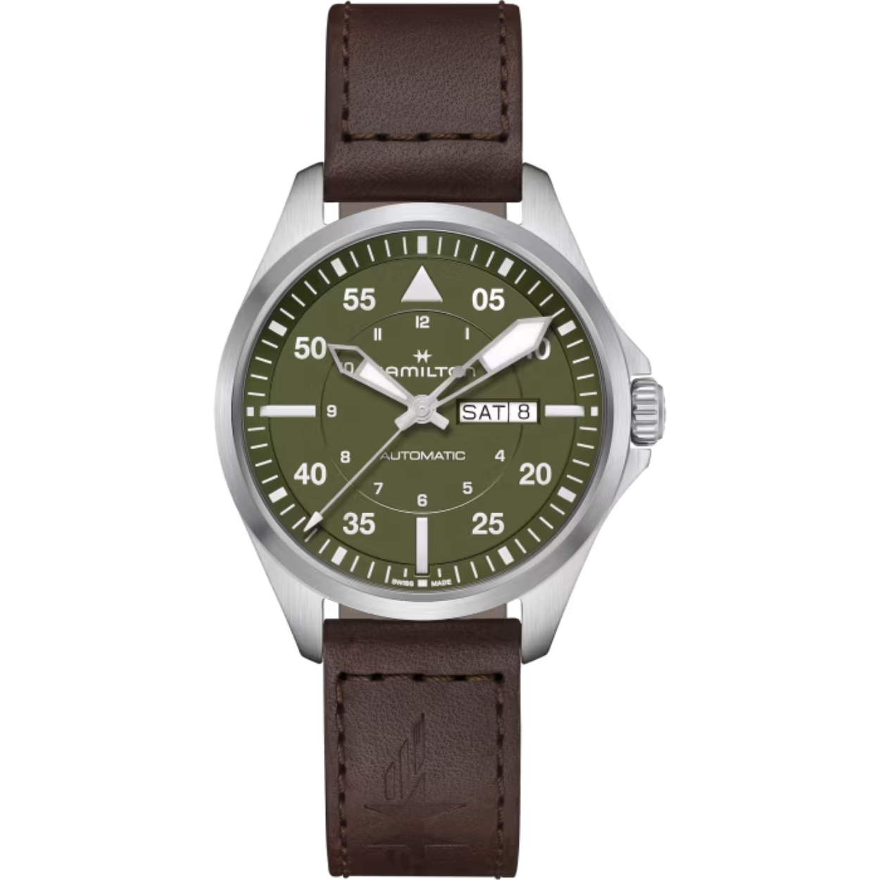 Hamilton Khaki Pilot H64635560 is een stijlvol, Zwitsers horloge met een automatisch uurwerk. Het heeft een 42mm ronde, roestvrijstalen kast, groene wijzerplaat met Arabische cijfers en saffierglas. Dit analoge polshorloge is waterbestendig tot 10 ATM en antiallergisch. De bruine leren band maakt het perfect voor elke gelegenheid. Draag het met uw casual of formele outfit.