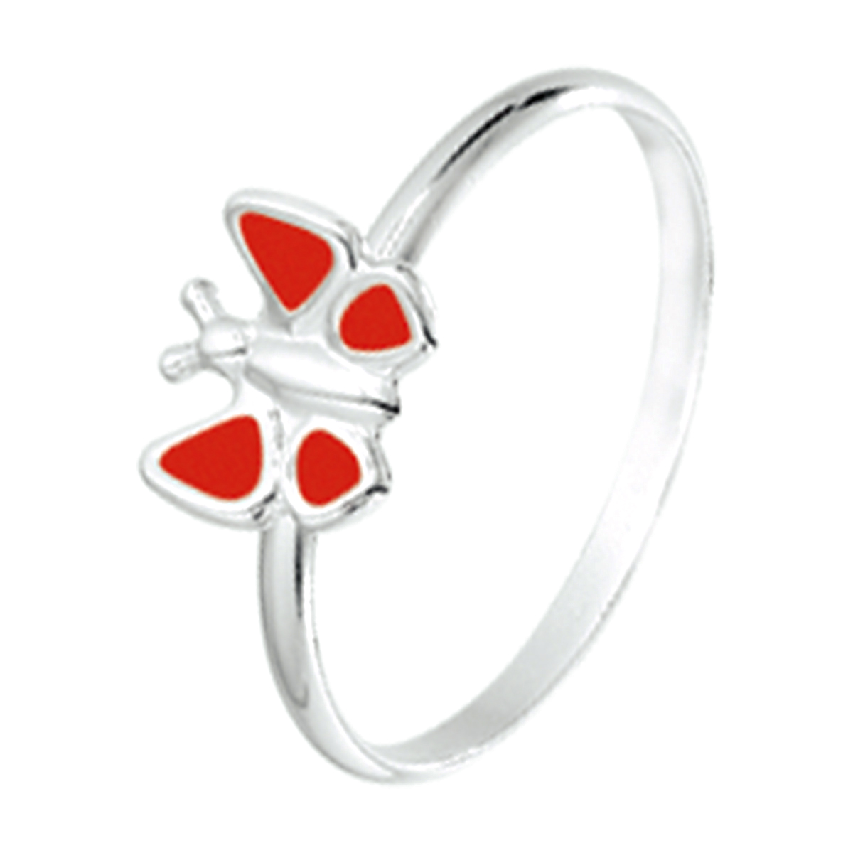 Schattige zilveren ring in de vorm van een vlinder uitgevoerd met rode emaille. De vlinder heeft een afmeting van 6.5x7.5mm.