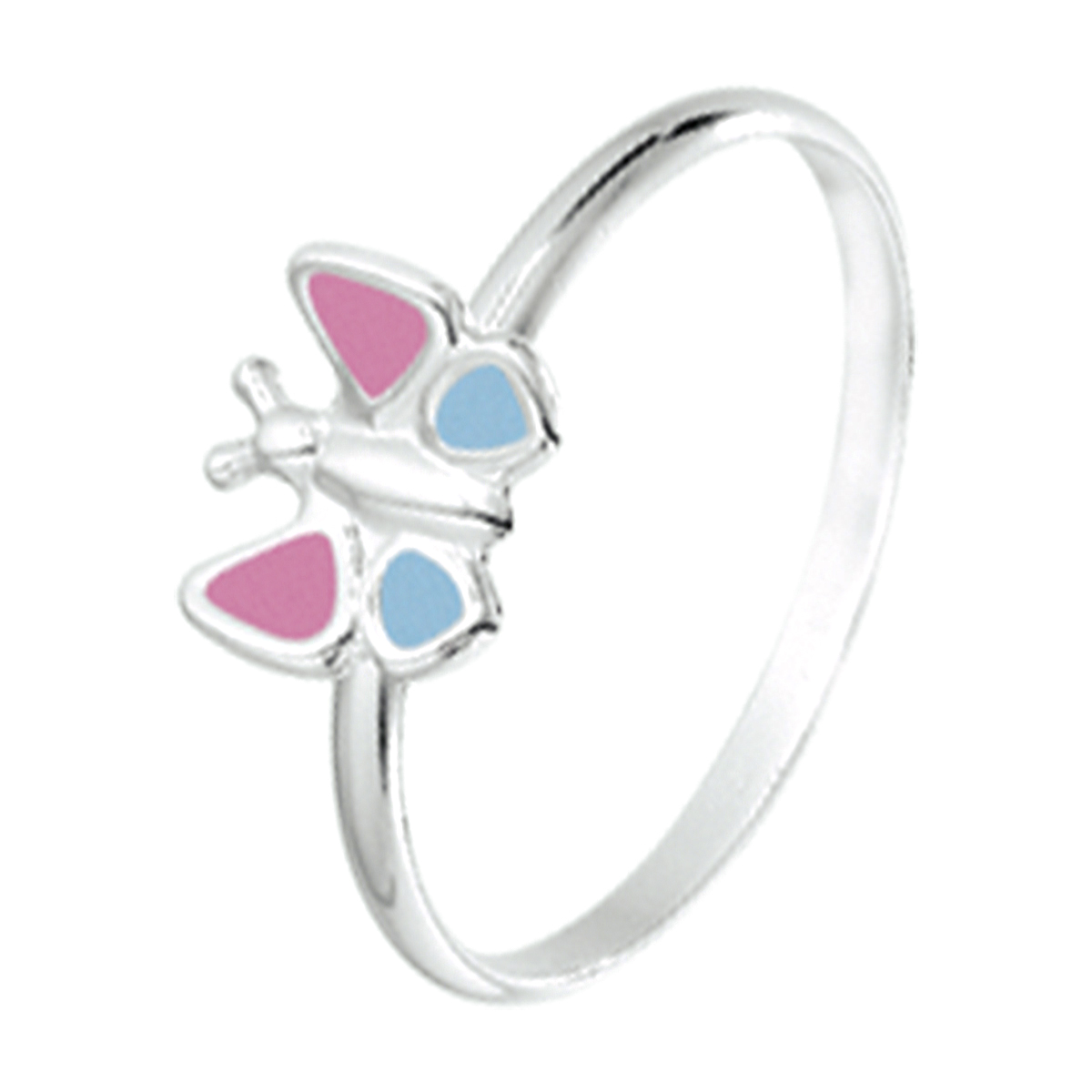 Schattige zilveren ring in de vorm van een vlinder uitgevoerd met roze en blauwe emaille. De vlinder heeft een afmeting van 6.5x7.5mm.