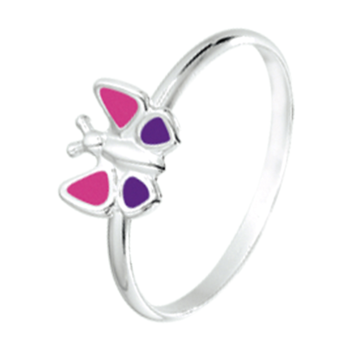 Schattige zilveren ring in de vorm van een vlinder uitgevoerd met roze en paarse emaille. De vlinder heeft een afmeting van 6.5x7.5mm.