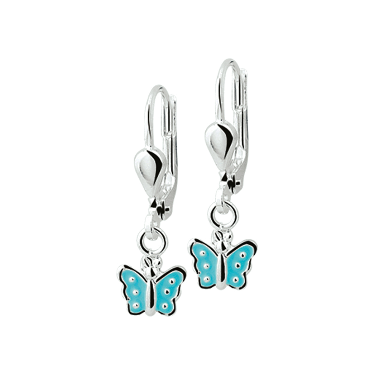 925 zilveren oorhangers uitgevoerd met een vlinder van emaille. De oorhangers hebben een totale hoogte van 22mm en een breedte van 6.5mm.