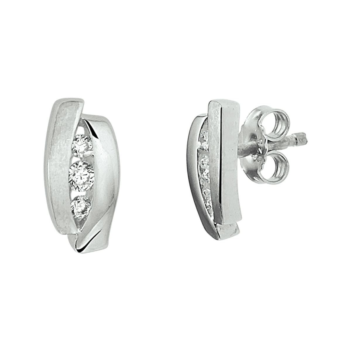 Gerhodineerd 925 zilveren oorknoppen uitgevoerd met een schitterende zirkonia rij en een poli/matte afwerking. De oorknoppen hebben een afmeting van 10x5.5mm.