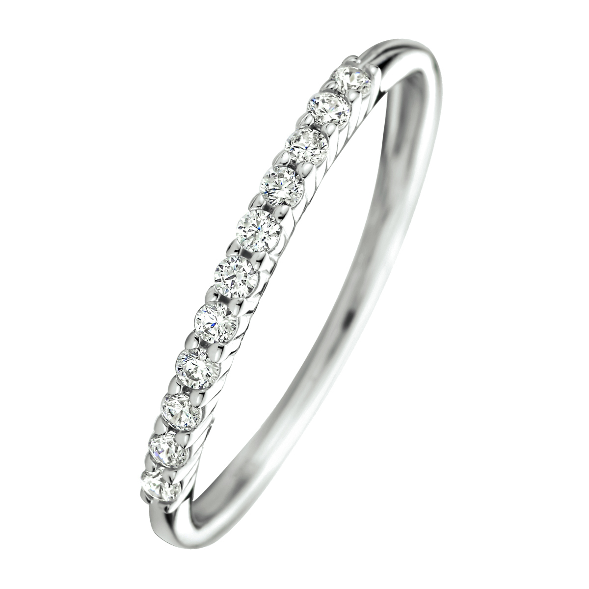 Gerhodineerd 925 zilveren aanschuifring uitgevoerd met een schitterende zirkonia rij. De ring heeft een breedte van 1.5mm.