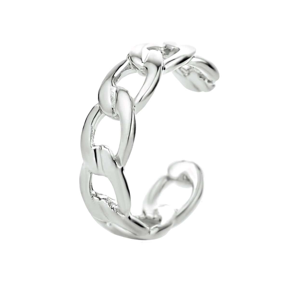 Gerhodineerd 925 zilveren earcuff uitgevoerd in schakelvorm. De earcuff heeft een diameter van 13mm en wordt per stuk verkocht.