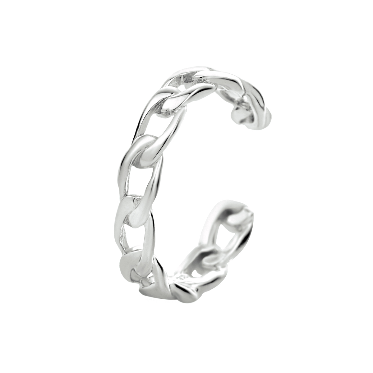 Gerhodineerd 925 zilveren earcuff uitgevoerd in schakelvorm. De earcuff heeft een diameter van 13mm en wordt per stuk verkocht.
