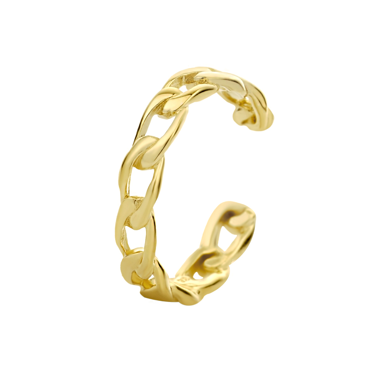 Geelgoud op 925 zilveren earcuff uitgevoerd in schakelvorm. De earcuff heeft een diameter van 13mm en wordt per stuk verkocht. Geen garantie op plating.