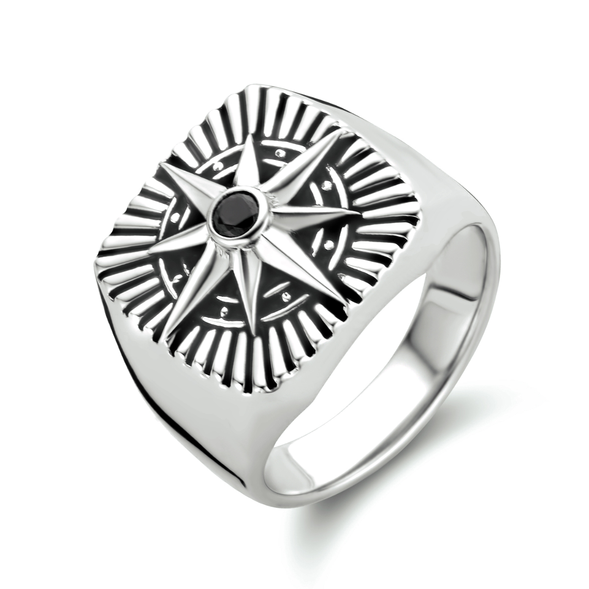 Gerhodineerde 925 zilveren zegelring uitgevoerd met een ster en een schitterende zwarte zirkonia. De ring heeft een breedte van 16.5mm. En is verkrijgbaar in diverse maten.