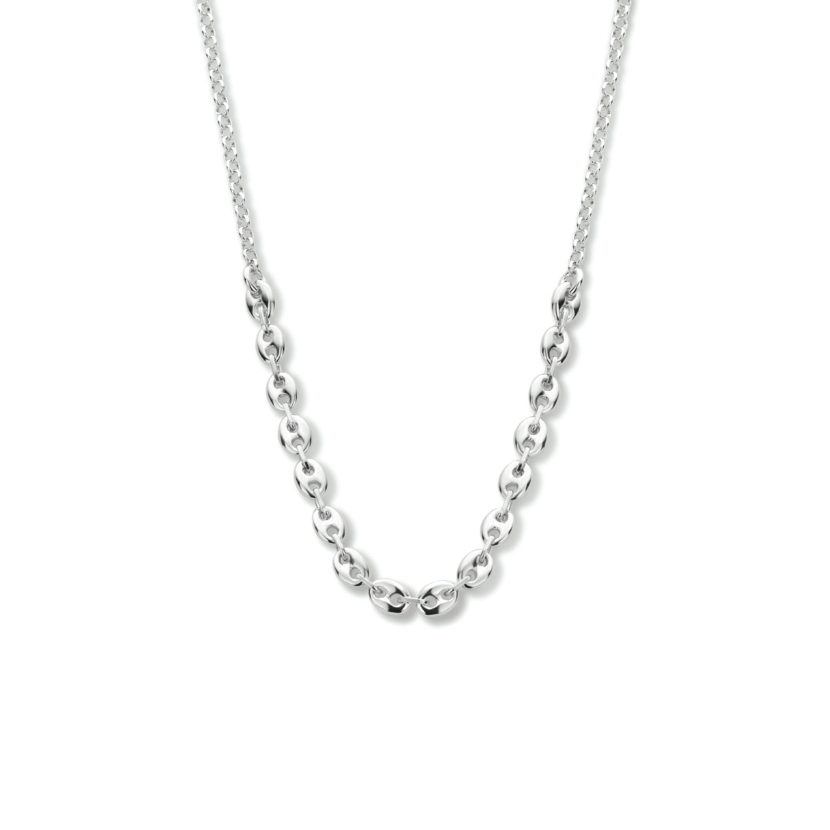 Gerhodineerd 925 zilveren schakelcollier uitgevoerd met een stevige karabijn sluiting. Het collier heeft een draaglengte van 40cm en een extensie van 4cm.