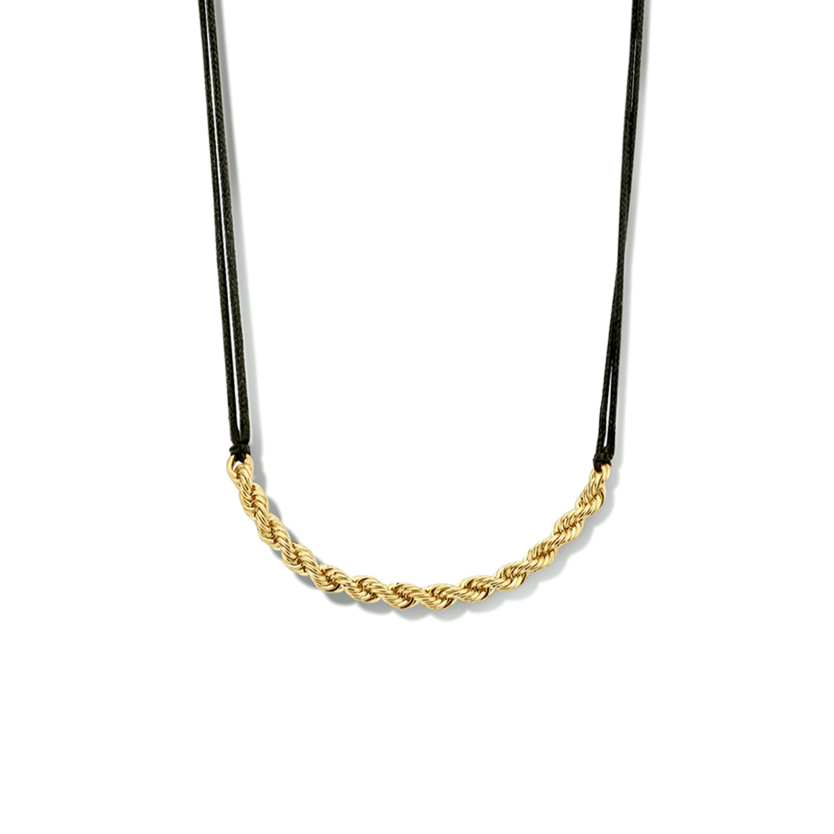 Zwart katoenen collier uitgevoerd met een 14k geelgouden element. Het collier heeft een verstelbare draaglengte tot 60cm en een breedte van 2.5mm.