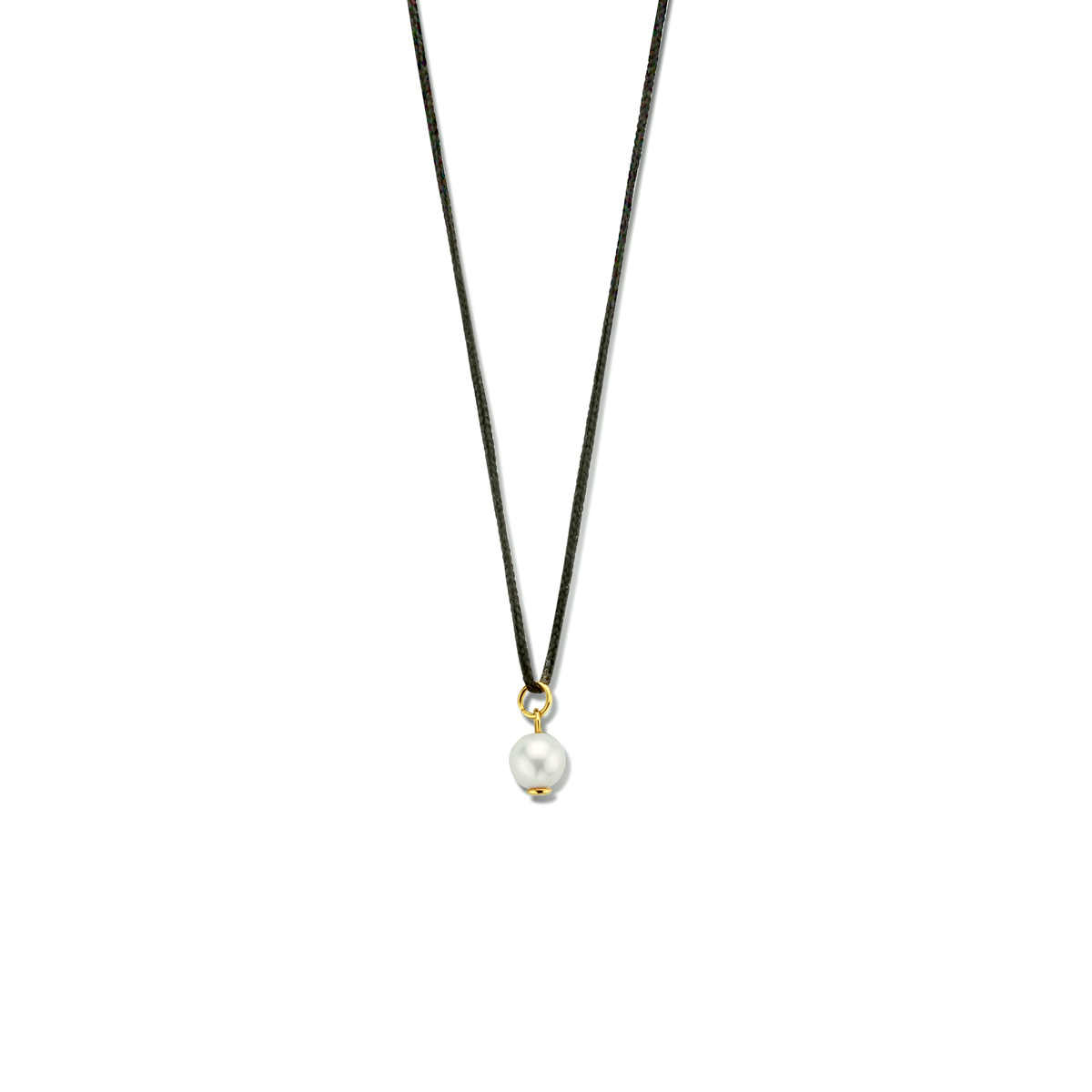 Zwart katoenen collier uitgevoerd met een schitterende parel. Het collier heeft een verstelbare draaglengte tot 60cm. De parel heeft een diameter van 4.5mm.