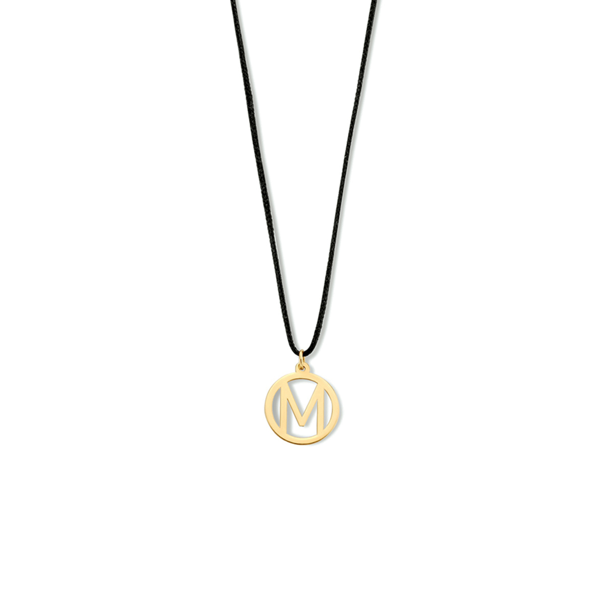 Zwart katoenen collier uitgevoerd met een 14k geelgouden hangertje met daarin een letter. Het collier heeft een verstelbare draaglengte tot 60cm. Het hangertje heeft een diameter van 10mm.