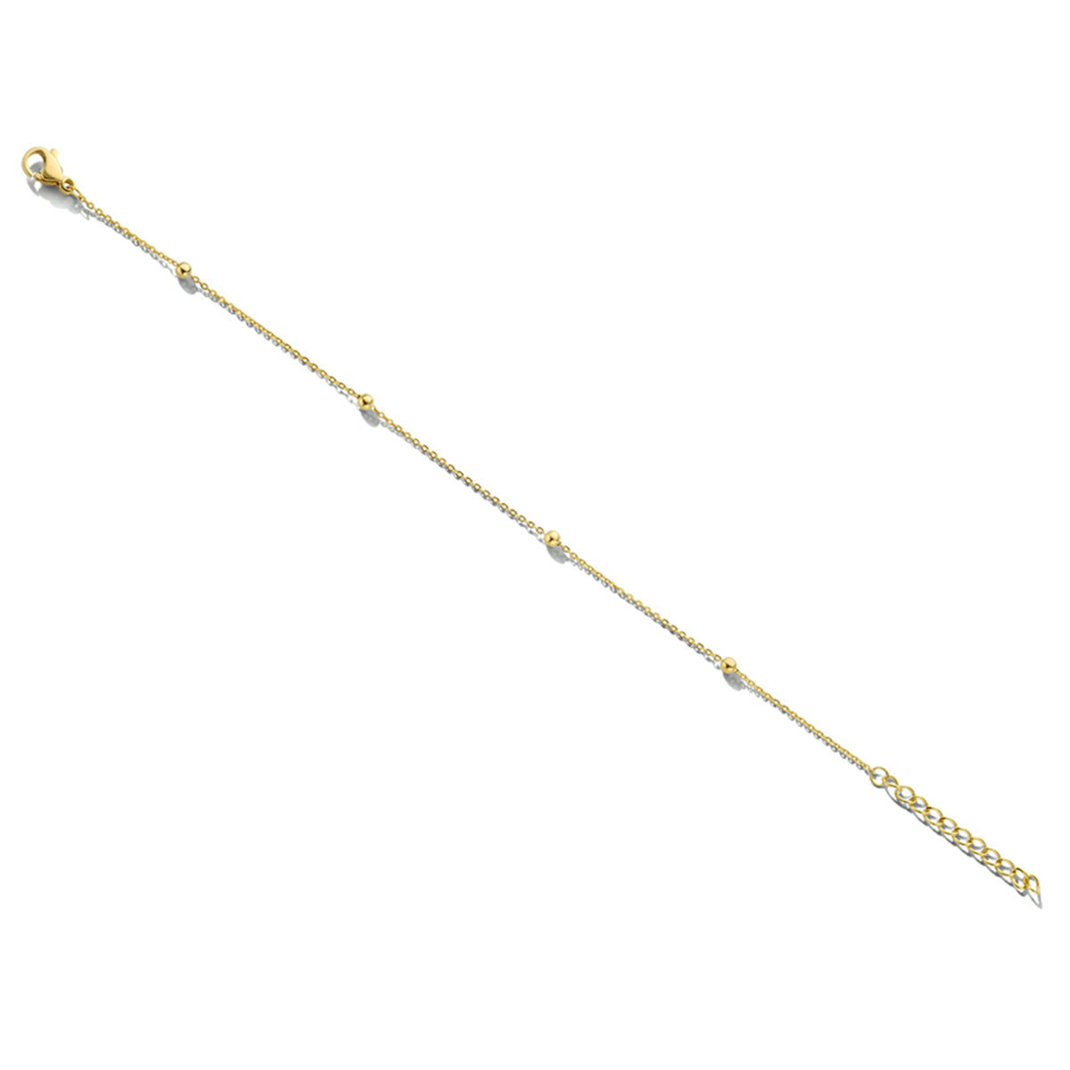 Stalen armband uitgevoerd met bolletjes en een goudkleurig pvd plating. De armband heeft een draaglengte van 16cm met een extensie van 3cm en een stevige karabijn sluiting. Beleef langdurig plezier aan je sieraden en kies voor duurzaam staal: een materiaal dat niet roest of verkleurt. Zelfs niet tijdens het zwemmen!