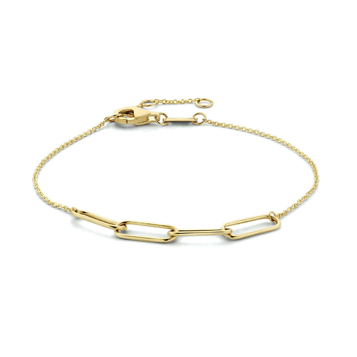 14k geelgouden armband met een paperclip en een anker schakel, met schakelbreedtes van 0.9 en 4.6mm. De armband heeft draaglengtes van 16.5, 17.5 en 18.5cm en is uitgevoerd met een karabijn sluiting.