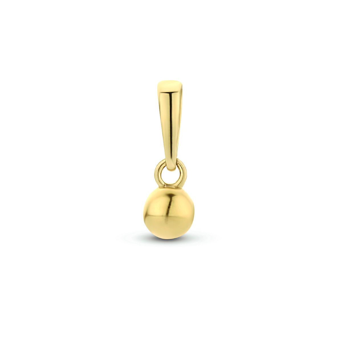 14krt. Geelgouden hanger in de vorm van een bolletje. De hanger heeft een totale hoogte van 9mm. Bolletje = 3mm.
