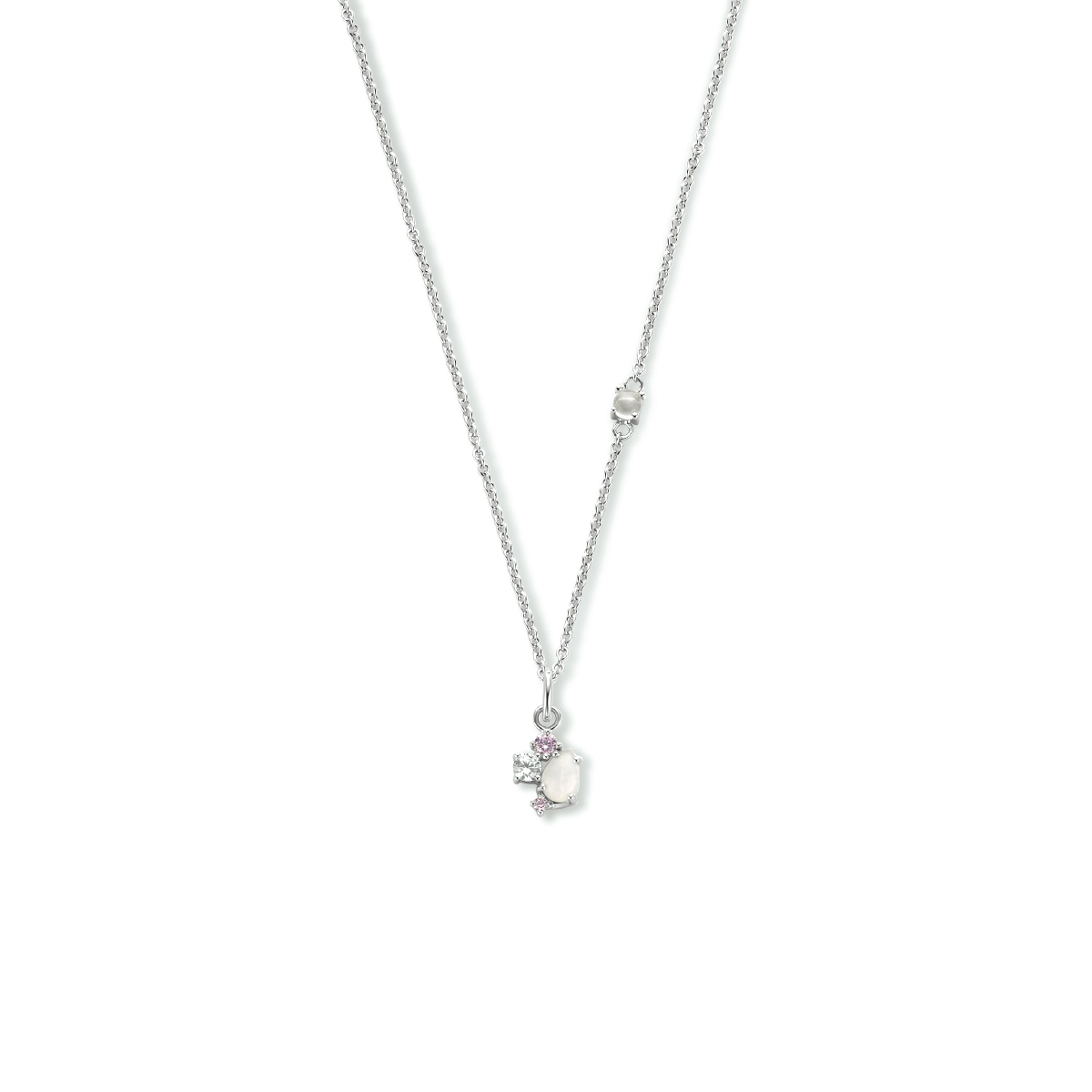Gerhodineerd 925 zilveren anker collier uitgevoerd met rozenkwarts, zirkonia en een karabijn sluiting. Het collier heeft een draaglengte van 40cm en een extensie van 4 cm.