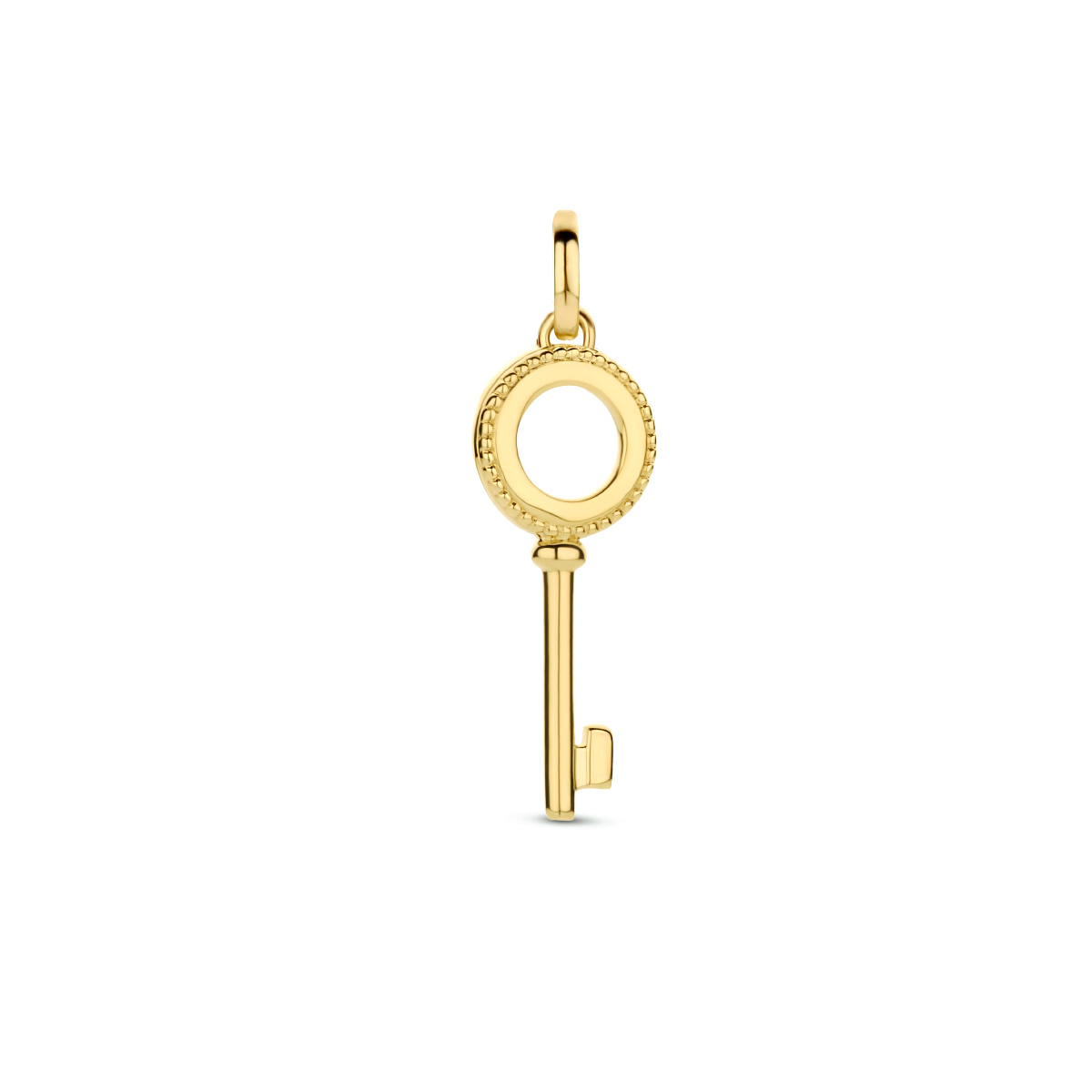 14k Geelgouden hanger in de vorm van een sleutel. De sleutel heeft een afmeting van 19.5x7.5mm.