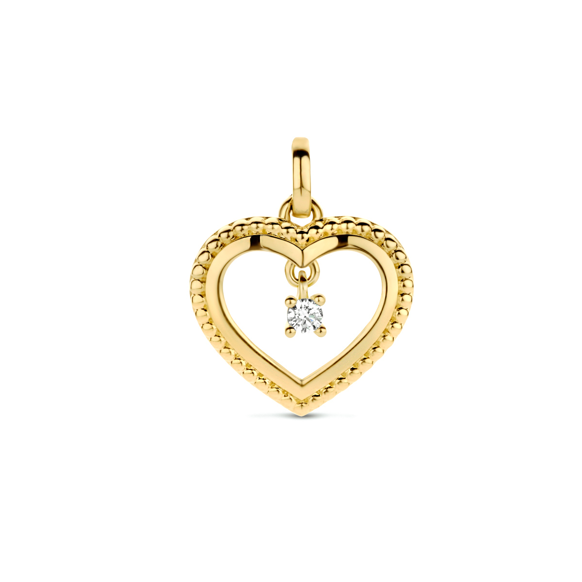 14k Geelgouden hart hanger met een schitterende diamant. Het hart heeft een afmeting van 12x13mm.