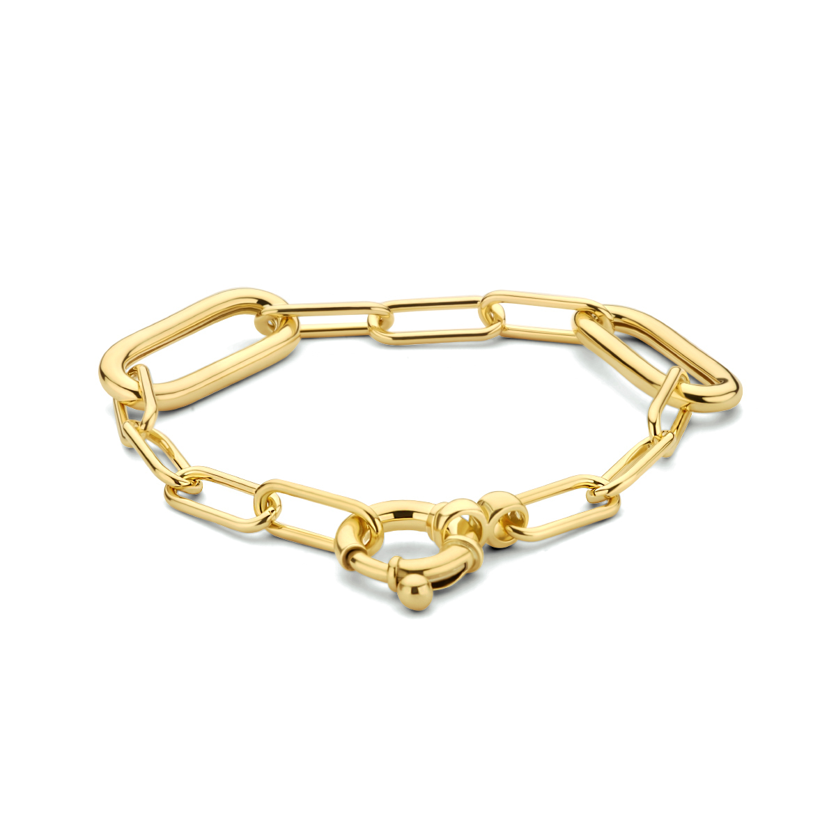 Geelgoud op 925 zilveren armband uitgevoerd met een veerslot. De armband heeft schakelbreedtes van 6.3mm en 11mm. Geen garantie plating.