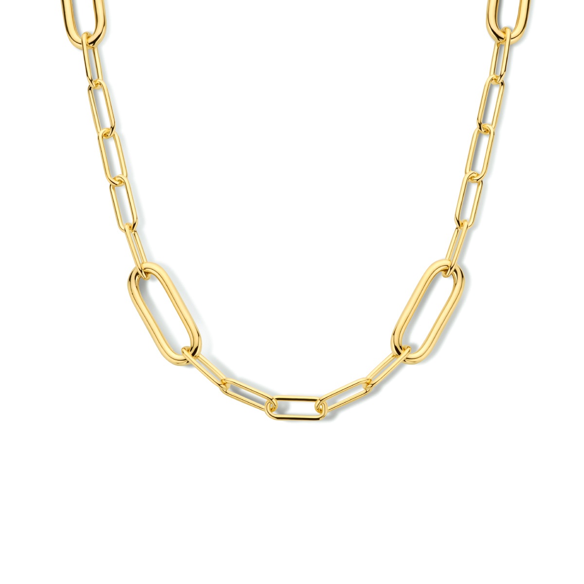 Geelgoud op 925 zilveren collier uitgevoerd met een veerslot. Het collier heeft schakelbreedtes van 6.3mm en 11mm. Geen garantie plating.