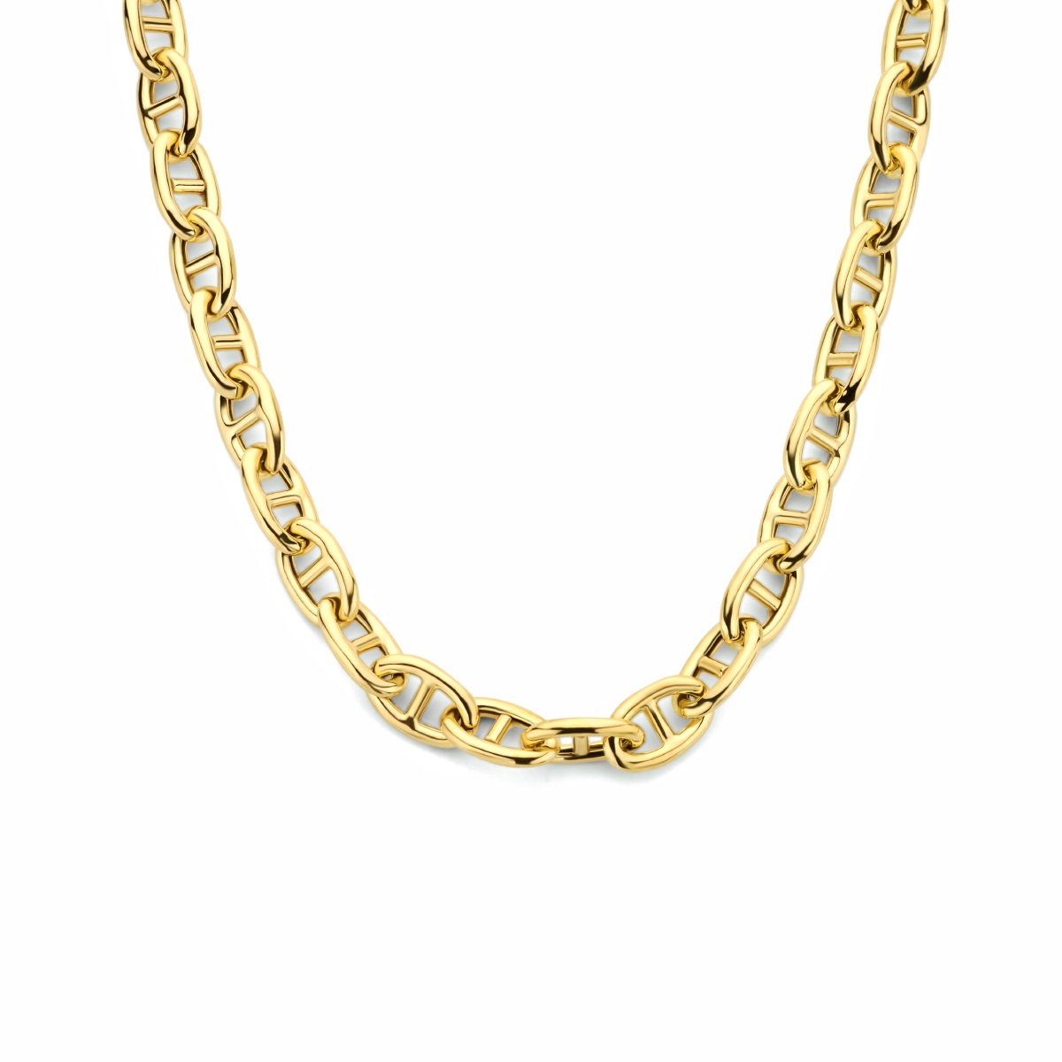 Geelgoud op 925 zilveren collier uitgevoerd met een veerslot. Het collier heeft een schakelbreedte van 10.3mm. Geen garantie plating.