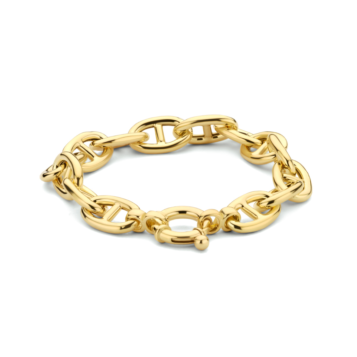 Geelgoud op 925 zilveren armband uitgevoerd met een veerslot. De armband heeft een schakelbreedte van 10.3mm. Geen garantie plating.