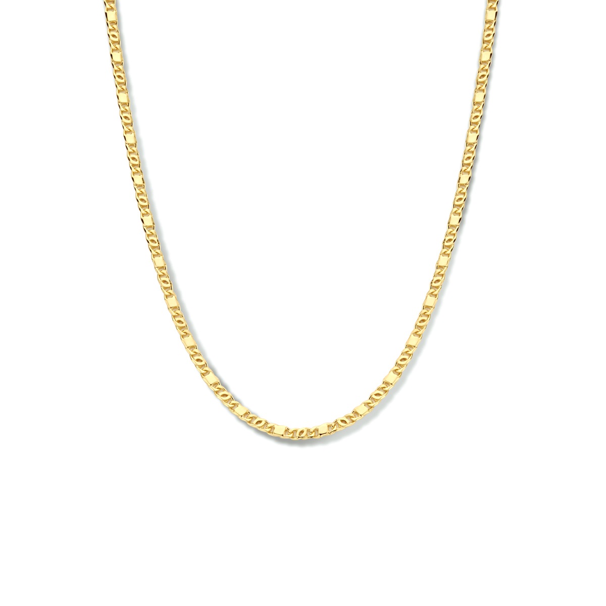 Geelgoud op 925 zilveren valkenoog collier met een schakelbreedte van 2.4mm en een stevige karabijn sluiting. Het collier heeft een draaglengte van 40cm en een extensie van 4cm. Geen garantie plating.
