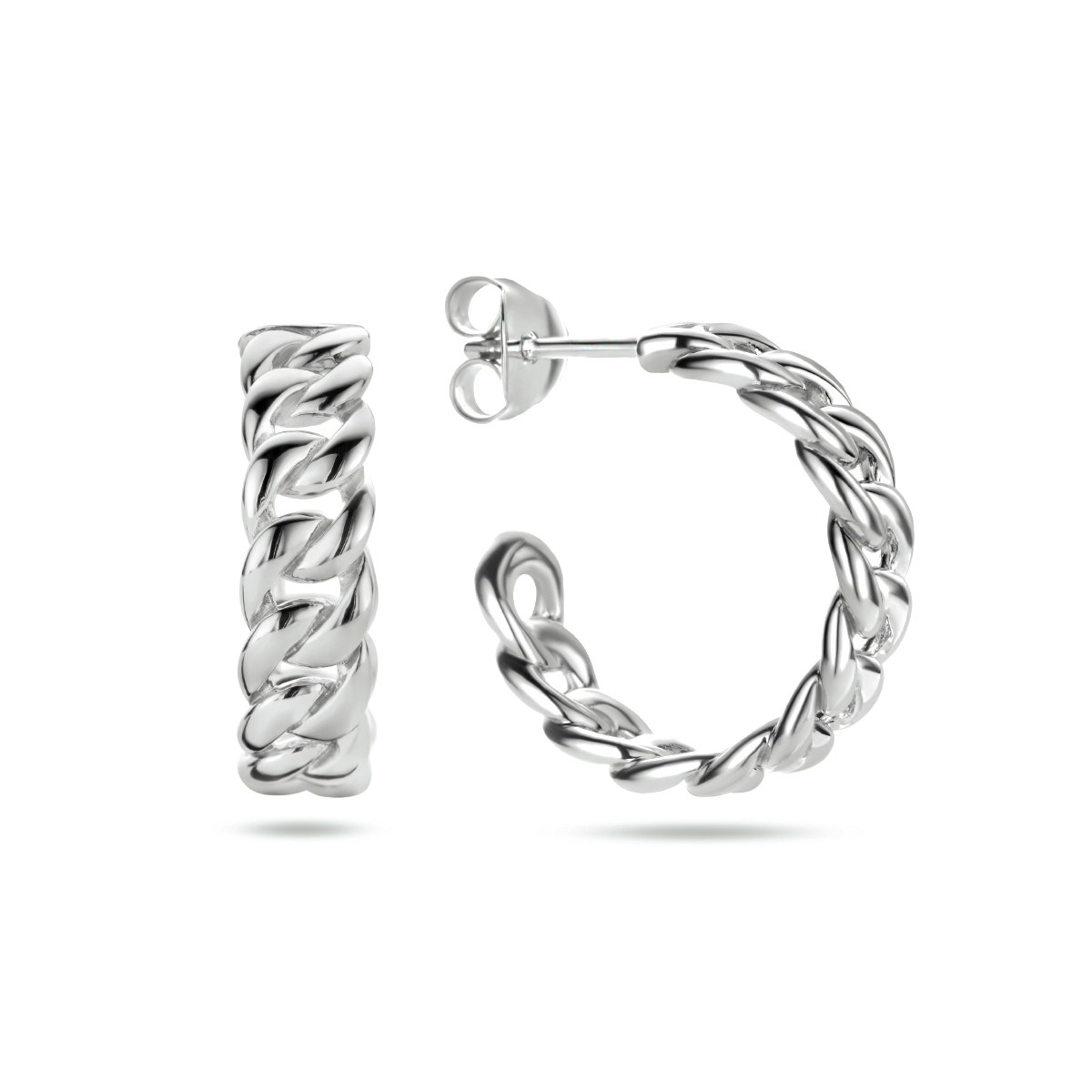 Gerhodineerd 925 zilveren stekeroorringen uitgevoerd met een schakelmotief. De oorringen hebben een diameter van 21.5mm.